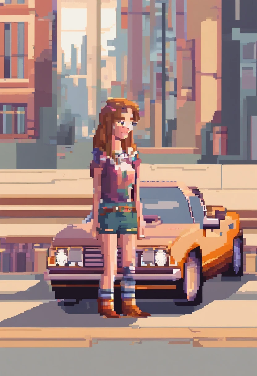 1girl, teenager, GTSCity, shorts, shirt,boots, standing, small cars