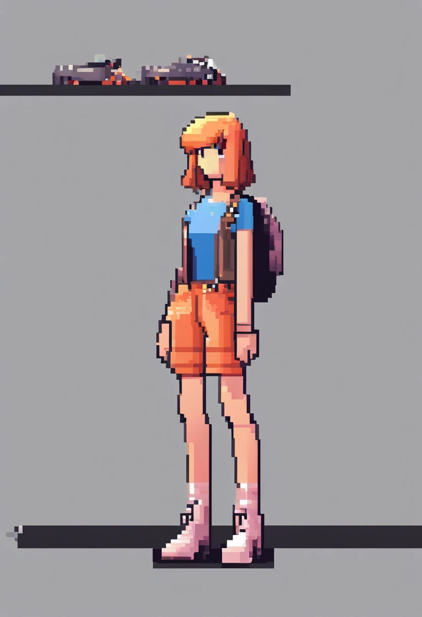 1girl, teenager, GTSCity, shorts, shirt,boots, standing, small cars