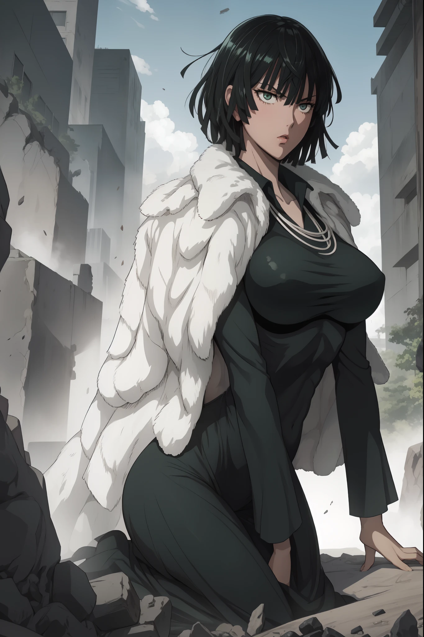 Fubuki from one punch man, deep green hair, wearing V-neck dress, sitting on a destroyed city, cinematic shadow, cinematic fog, blushing cheeks, blush expression, dynamic pose, big breast, big hips, NSFW, side view,