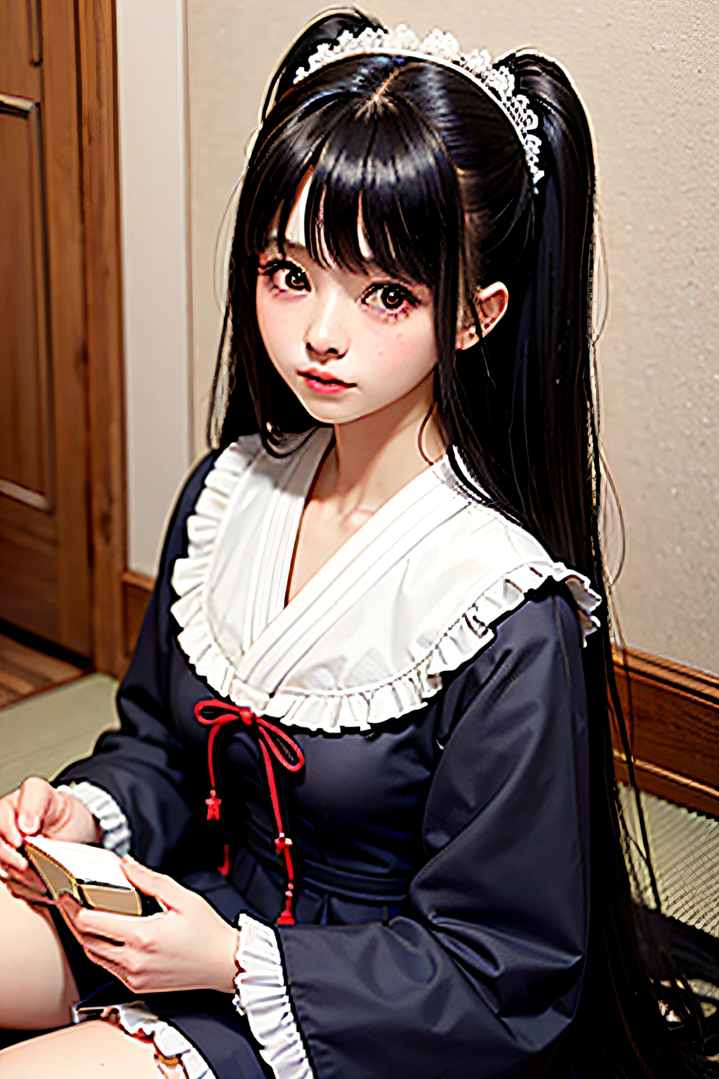(masterpiece, best quality),1girl smiling with long silk black hair gathered in twin tails sitting in a bed of her bedroom in front of her bedroom, warm lighting, blurry foreground, overall, 12 yo, very young, kimono,Japanese Clothing,Kimono in muted colors,Natural color kimono,