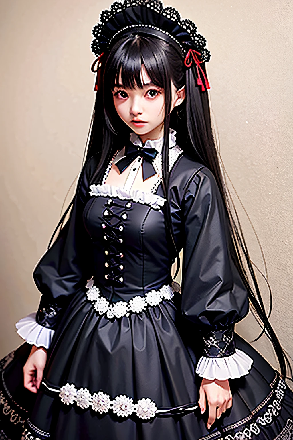 19 year old ghost girl nendoroid, long black hair some strands cover her face, crimson red eyes, baggy eyes, pale skin, She has a white medieval sleeve dress to the knees, long stockings with horizontal black stripes serious face big serious eyes, ligero rubor que combina con su pale skin