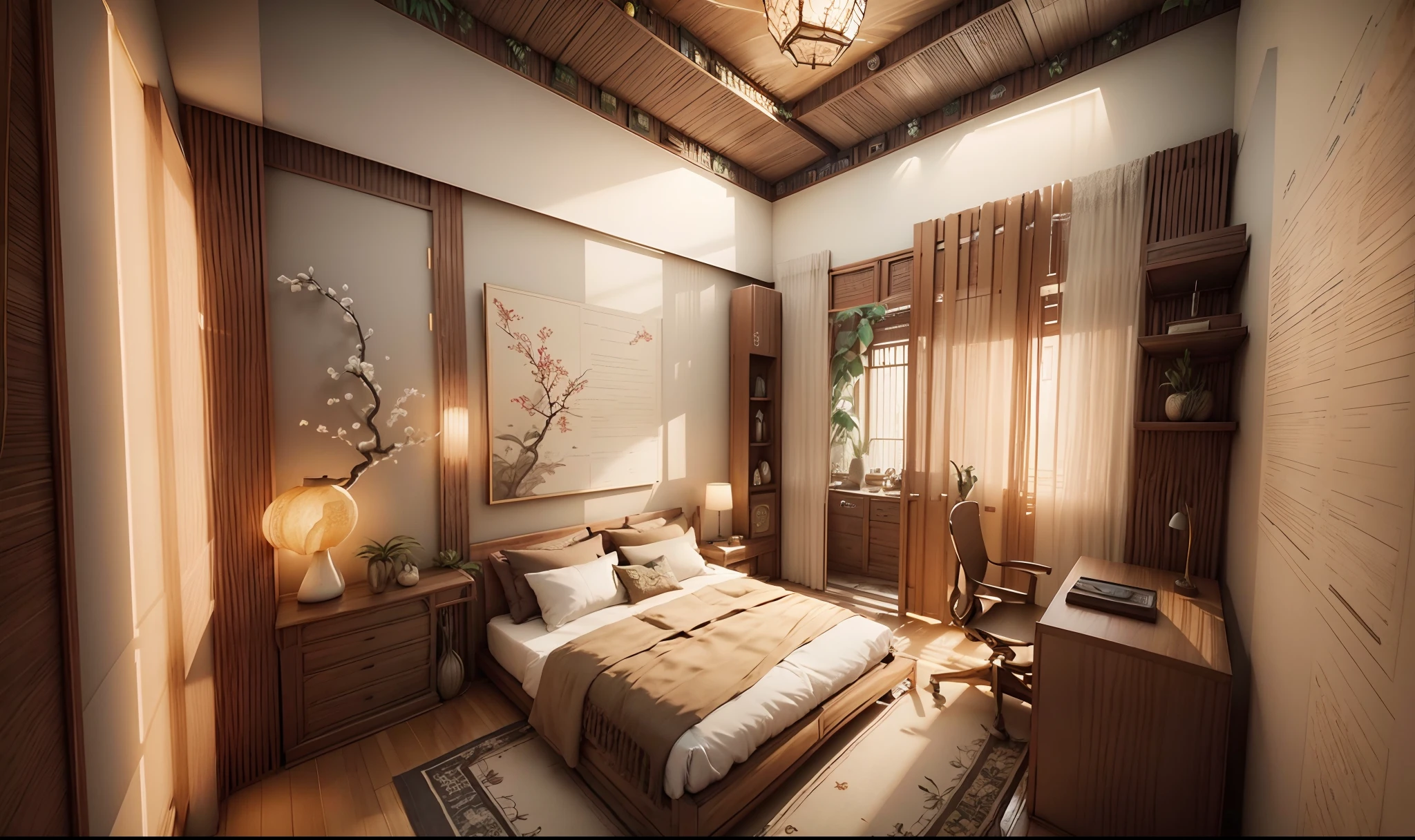 Interior design corridor floor plan, Southeast Asian style decoration, multi-angle display, 3d rendering, comfortable interior lighting, super detail, movies, furniture and windows in the evening, 8K