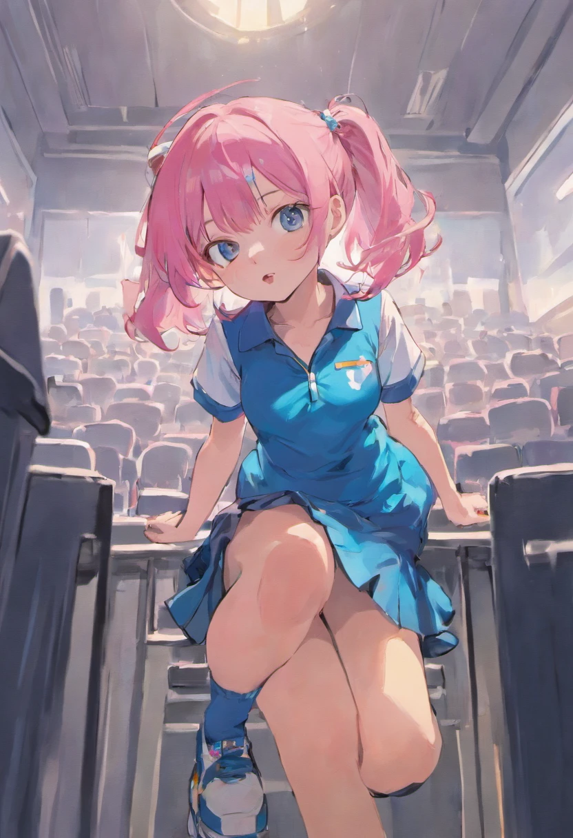 Girl solo, pink hair, blue polo shirt, blue pleated skirt, embarrassed face, looking away, lifting up skirt, wearing diaper, peeing in diaper, in school, sitting on a desk