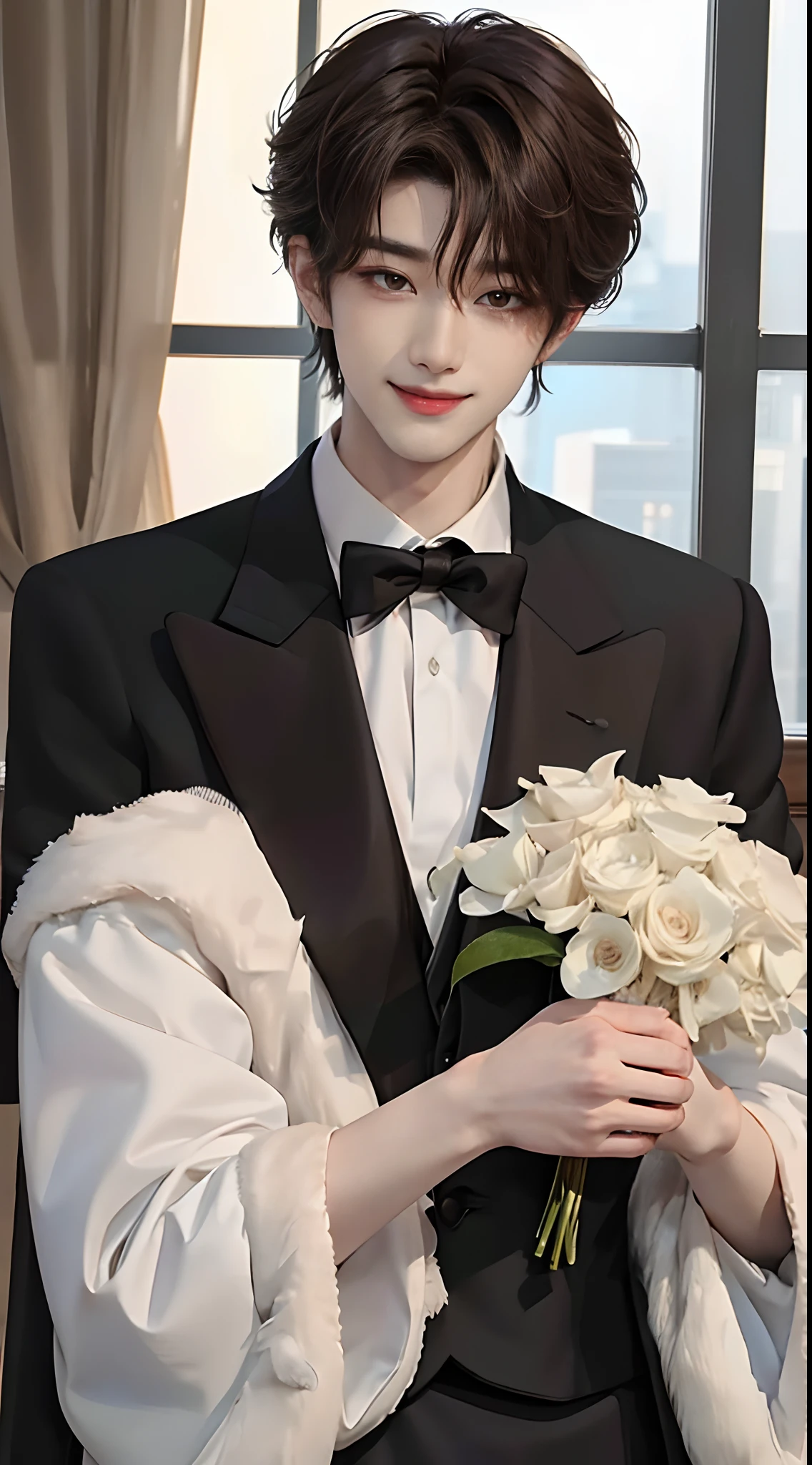 ((4K works))、​masterpiece、（top-quality)、((high-level image quality))、((One Manly Boy))、Slim body、((Man in black tuxedo))、(Detailed beautiful eyes)、window、deacon、Face similar to Chaewon in Ruseraphim、((short hair above the ears))、((Smaller face))、((Neutral face))、((Light brown eyes))、((Korean boy))、((18year old))、((Handsome man))、((Smiling expression))、((Korean Makeup))、((elongated and sharp eyes))、((Butler Photos))、Professional Photos、((Shot alone))、((Upper body photography))、((Butler Pose))