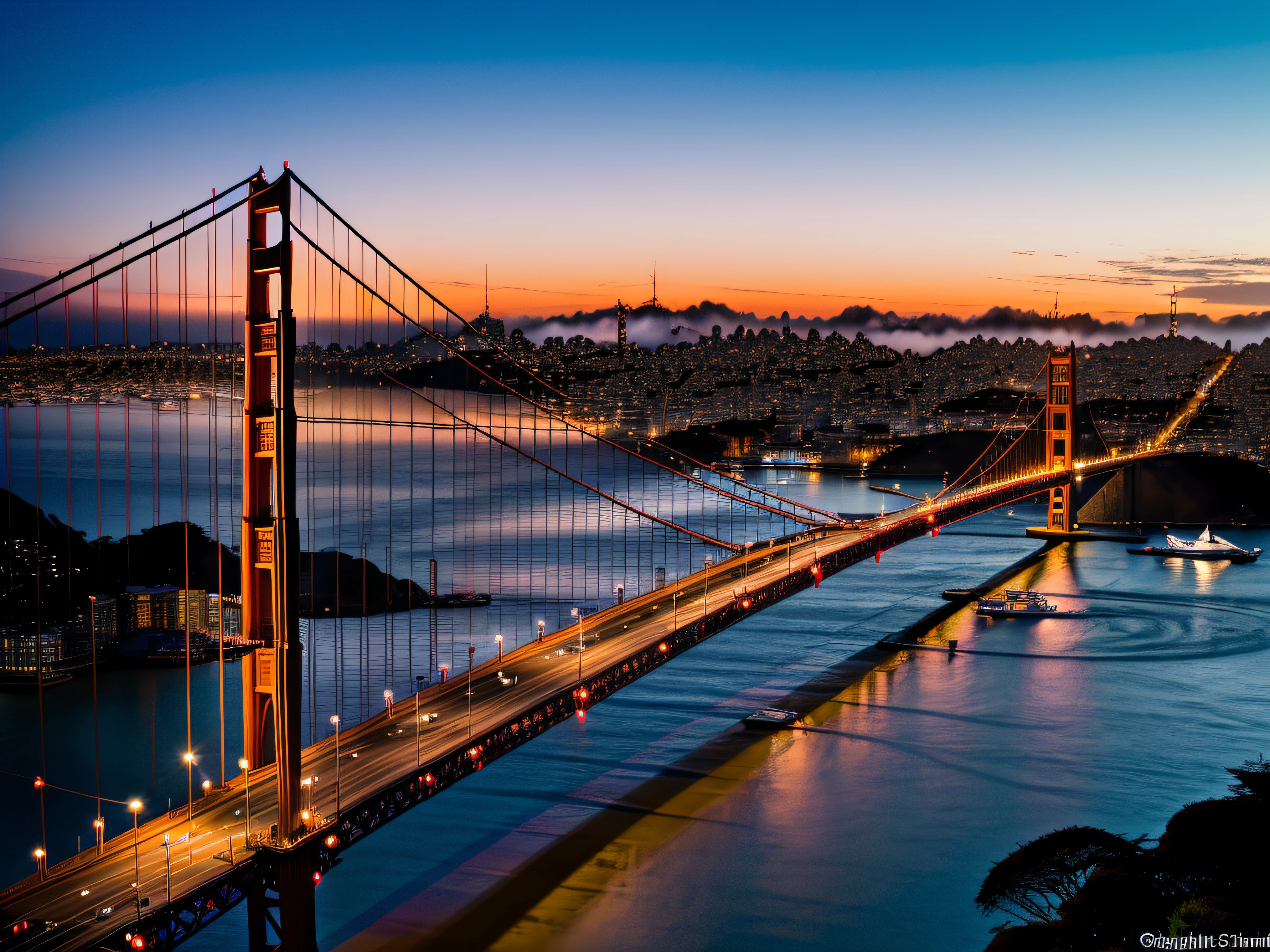 (best quality,4k,8k,highres,masterpiece:1.2),ultra-detailed,(realistic,photorealistic,photo-realistic:1.37),San Francisco golden bridge sunset,beautiful detailed sunset behind the iconic Golden Gate Bridge,breathtaking panoramic view of the cityscape, shimmering sunlight reflecting off the water, vibrant orange and pink hues painting the sky,hint of fog adding a touch of mystery,impressive size and scale of the bridge, intricate design of the suspension cables, hustle and bustle of traffic crossing the bridge, silhouette of sailboats gliding along the water,subtle blend of nature and engineering marvel,peaceful atmosphere providing a moment of serenity,calm water creating a mirror-like reflection of the bridge and surrounding landscape, enchanting beauty that captures the essence of San Francisco, ethereal glow illuminating the entire scene, captivating and unforgettable image that evokes a sense of wonder and awe, ideal for landscape photography enthusiasts and nature lovers, signifies the iconic symbol of San Francisco's charm and grandeur, a timeless masterpiece that showcases the beauty and allure of a golden bridge sunset.