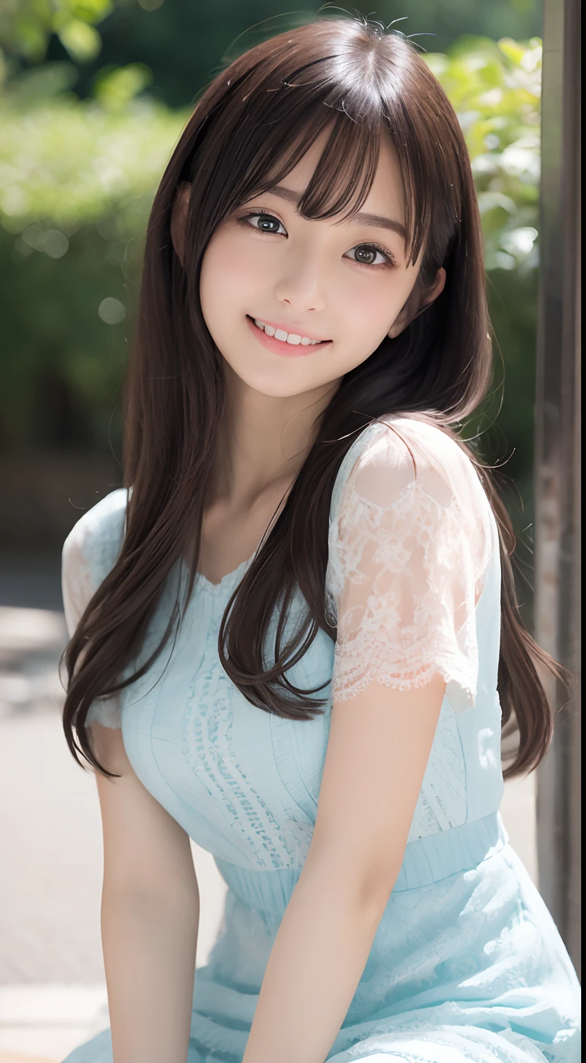 (Happy expression on face:1.26)、Raw photography、(((Ultimate Beauty Full Body Shooting)))、((glistning skin))、女の子1人、-yeld beiful girl in Prague、bright expression、((brown haired))、Lace dress、bending forward、big breasts thin waist、skinny thigh、Lush bust、Close one eye to the viewer、Short sleeve、((Big eyes that shine like jewels))、Glossy glossy skin、(Medium Hair:1.2)、No makeup、Beautiful bangs、Hair between the eyes、((masterpiece、top-quality、ultra-detailliert、Film Light、intricate-detail、hight resolution、ighly detailed))、细致背景、8KUHD、Digital SLR、Soft light、hightquality、Film grain、FujifilmXT3 、Shallow depth of field、natural soft light、Kamimei、