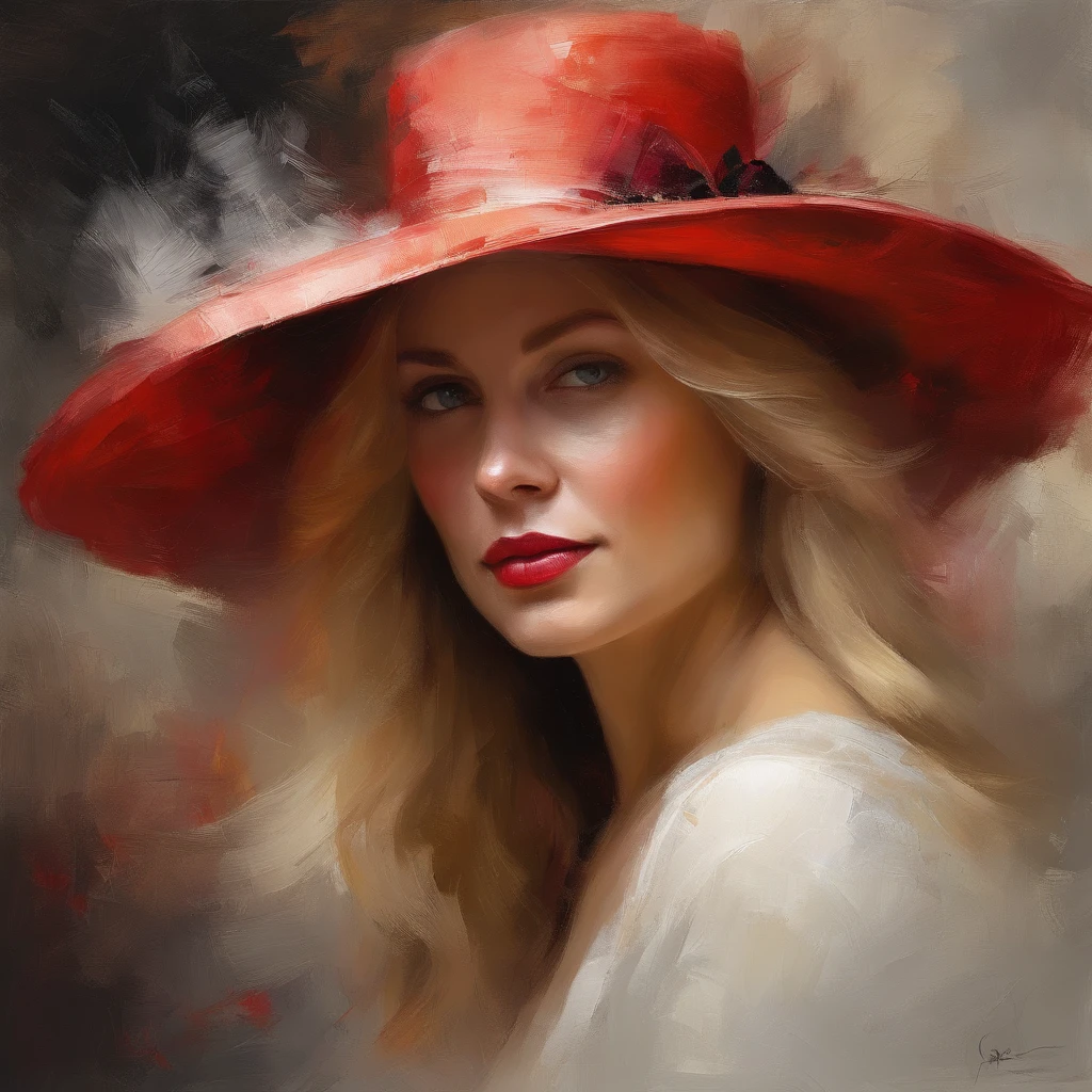 painting of a woman with a red hat and white dress, long blond hair, eyes looking directly at us, head in center of frame, elegant digital painting, beautiful portrait acrylic painting, wlop painting style, heavy brush strokes in textured paint, gorgeous digital painting, in style of wlop, beautiful character painting, fine art portrait painting, epic background, beautiful art uhd 4 k