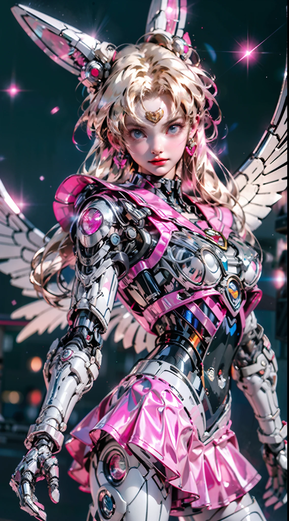 1 mechanical girl: 1.4, Sailor Moon, white mechanical arm, humanoid body, pink sailor suit, good-looking face, sailor Moon, moon hare, rabbit ears, mechanical ears, white blouse, blonde hair, mechanical arm, pink skirt, side, heart-shaped robot in the background, sci-fi background, complex background, hair glowing hair, forehead hair light, moon, panorama, mechanical wings, large wings in the background