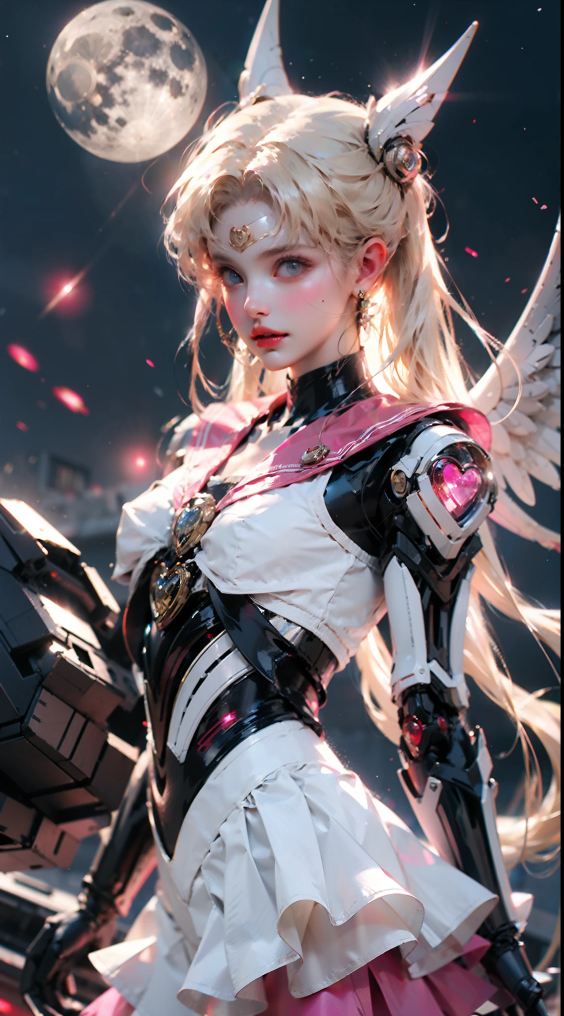 1 mechanical girl: 1.4, Sailor Moon, white mechanical arm, humanoid body, pink sailor suit, good-looking face, sailor Moon, moon hare, rabbit ears, mechanical ears, white blouse, blonde hair, mechanical arm, pink skirt, side, heart-shaped robot in the background, sci-fi background, complex background, hair glowing hair, forehead hair light, moon, panorama, mechanical wings, large wings in the background