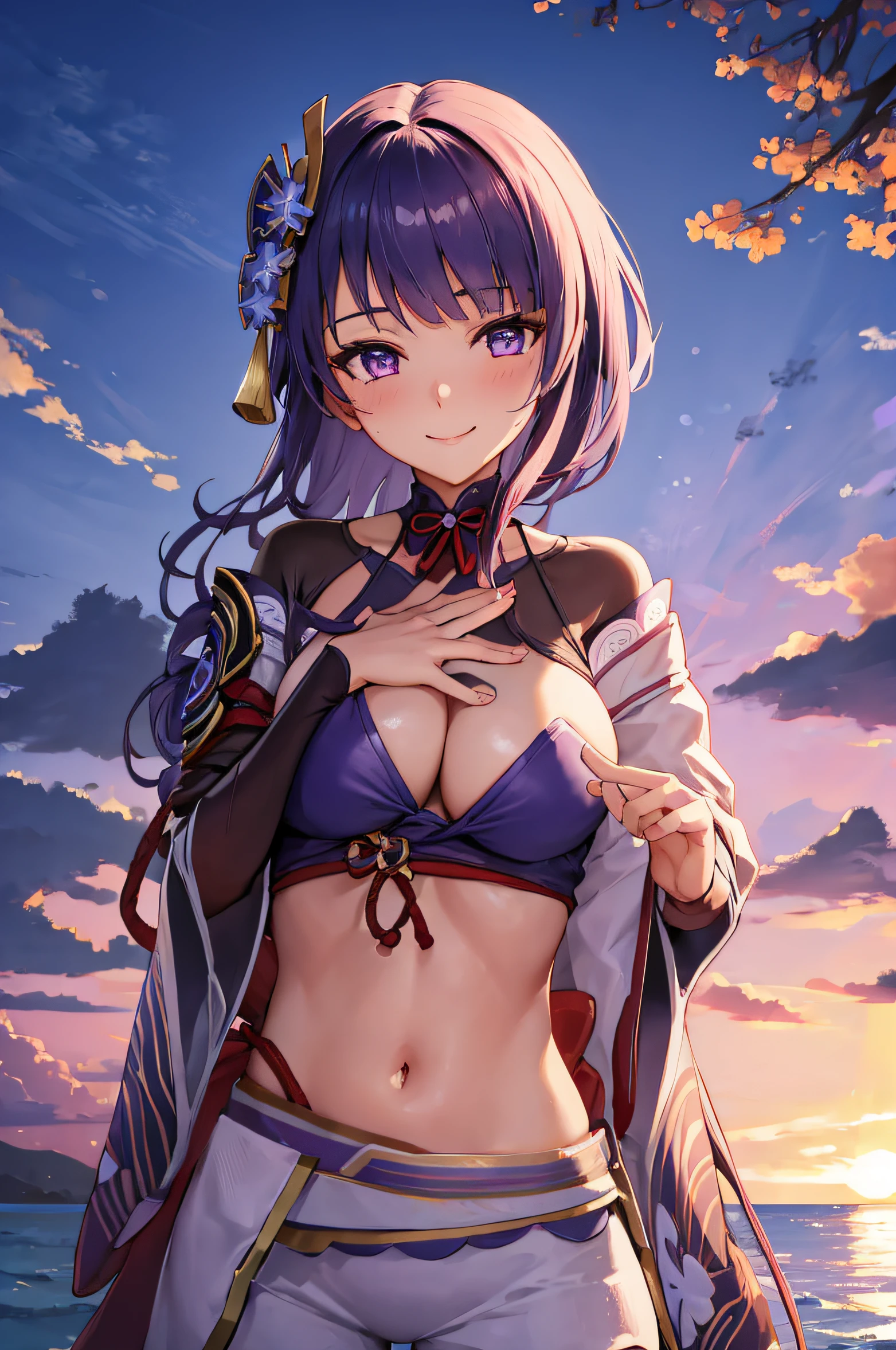 (masterpiece, best quality, detailed) ,1girl,raidenshogundef, in bikini standing on beach at sunset with ocean in background, at beach at sunset, in the beach, at the beach on a sunset, at a beach, at the beach,((sunset)), standing at the beach, on a beach, on the beach at sunset, at the sea,eye details,teasing smile, clean detailed anime art,high resolution, (perfect hands, perfect anatomy),