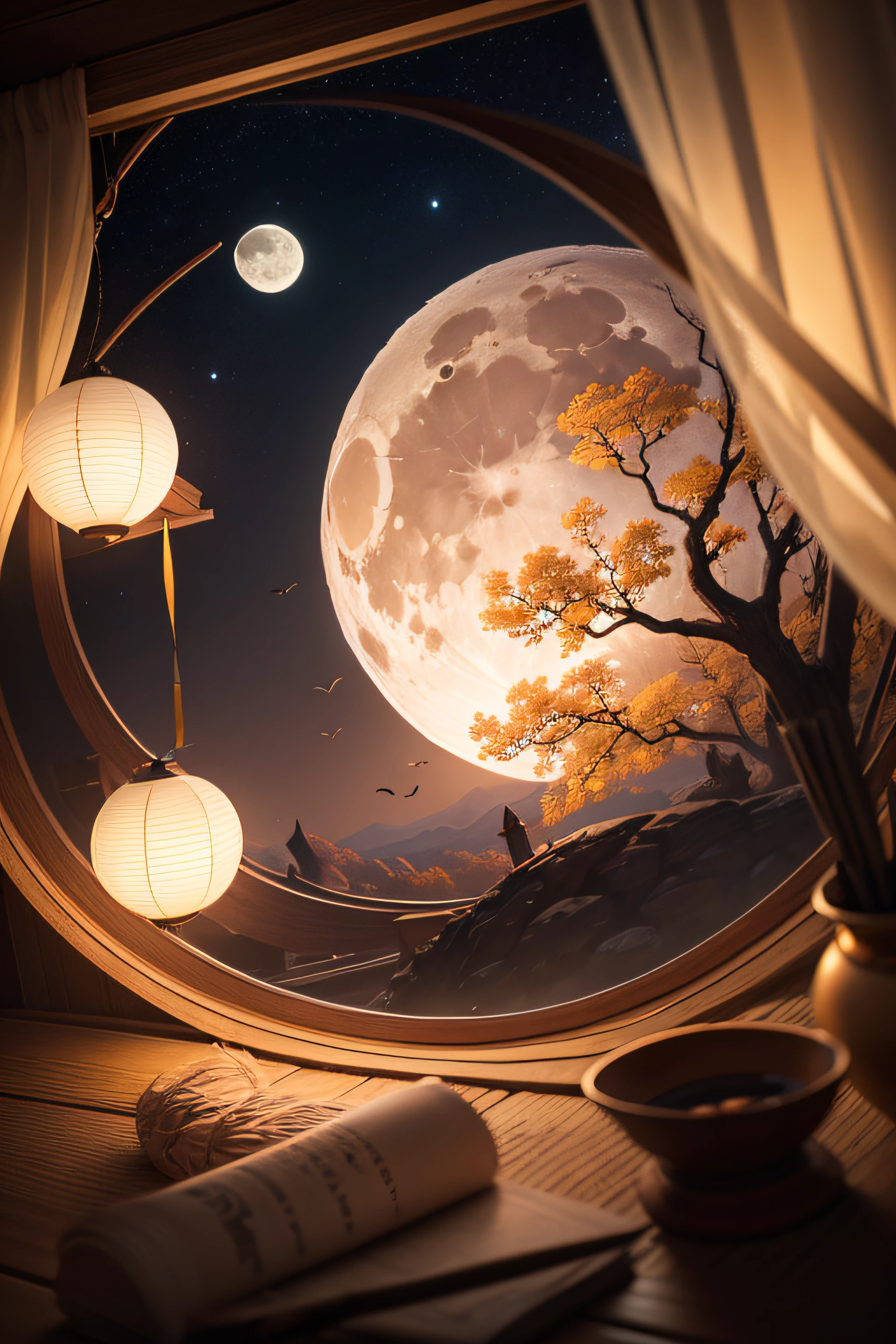 mid-autumn festival,themoon,Exquisite details,Artistically,k hd,8K,Photographic angle,hand painted style,。