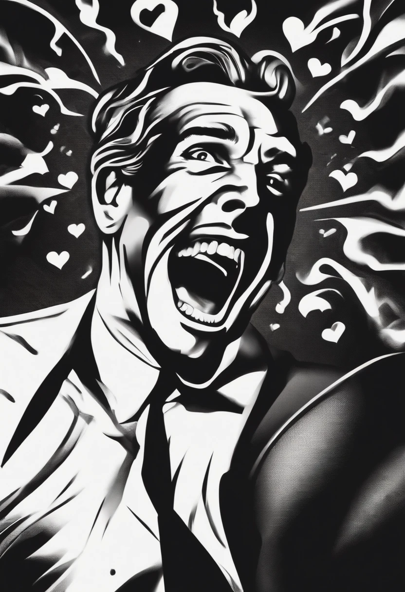 Heart and man's face,The man is shouting towards the top right,black-and-white,shout,Heart-face fusion
