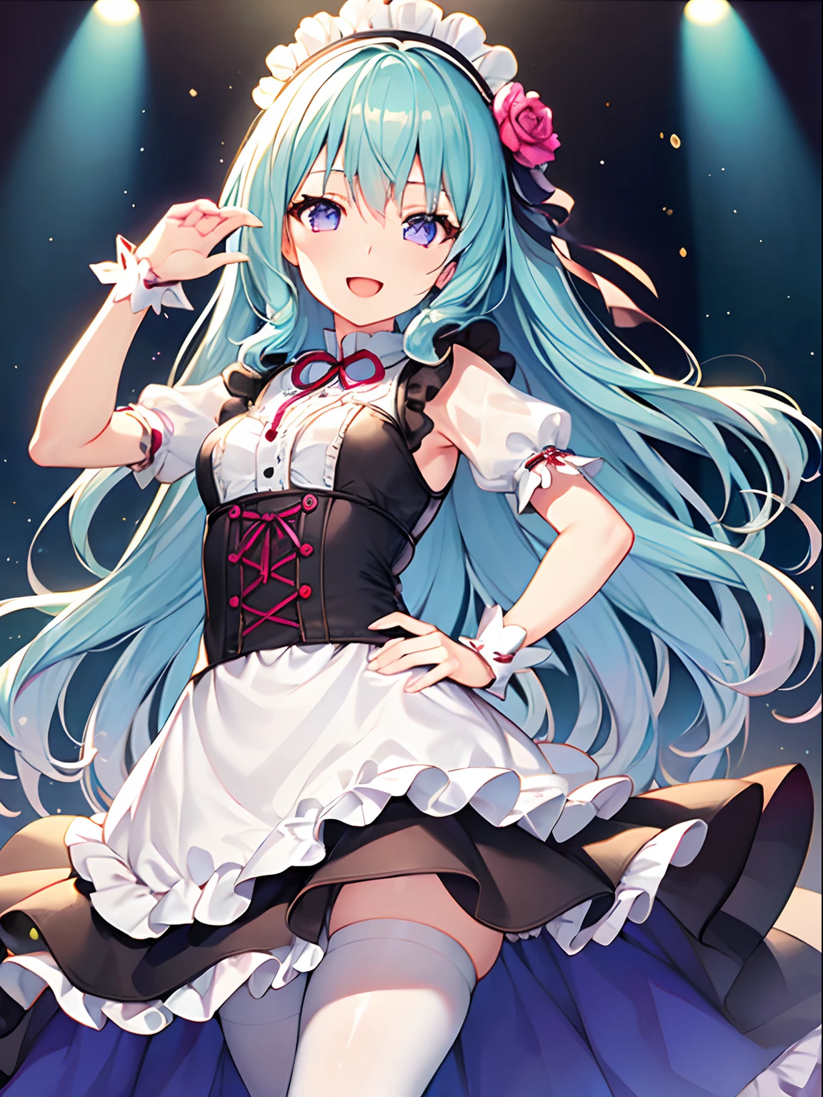 MLTD bg style, (best quality, 8K, masterpiece, HDR, ultra detailed:1.2), cinematic angle, (light particles, sparkle), lens flare, depth of field, bokeh, 
1girl, white gloves, open mouth, microphone, short puffy sleeves, glowstick, smile, petals, maid headdress, frills, blush, solo, stage, white thighhighs, belt, hair bow, hair ribbon, medium breasts, idol, upper teeth only, looking away, aqua bow, frilled skirt, hair ornament, frilled dress, audience, solo focus, concert, zettai ryouiki, spotlight, stage lights, shiny hair, looking afar, buckle, belt buckle, elbow gloves, wing collar, jewelry, petticoat, navel, NSFW 