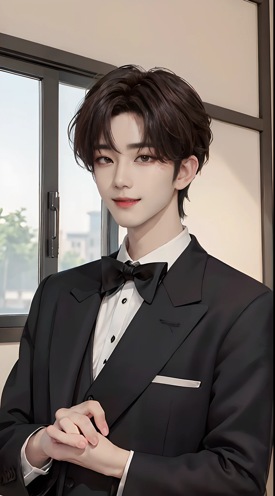 ((4K works))、​masterpiece、（top-quality)、((high-level image quality))、((One Manly Boy))、Slim body、((Man in black tuxedo))、(Detailed beautiful eyes)、window、deacon、Face similar to Chaewon in Ruseraphim、((short hair above the ears))、((Smaller face))、((Neutral face))、((Light brown eyes))、((Korean boy))、((18year old))、((Handsome man))、((Smiling expression))、((Korean Makeup))、((elongated and sharp eyes))、((Butler Photos))、Professional Photos、((Shot alone))、((Upper body photography))、((Butler Pose))