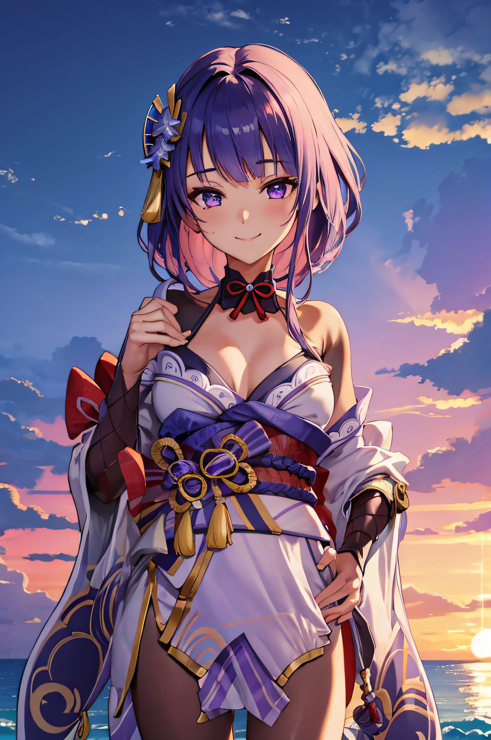 (masterpiece, best quality, detailed) ,1girl,raidenshogundef, in bikini standing on beach at sunset with ocean in background, at beach at sunset, in the beach, at the beach on a sunset, at a beach, at the beach,((sunset)), standing at the beach, on a beach, on the beach at sunset, at the sea,eye details,teasing smile, clean detailed anime art,high resolution, (perfect hands, perfect anatomy),