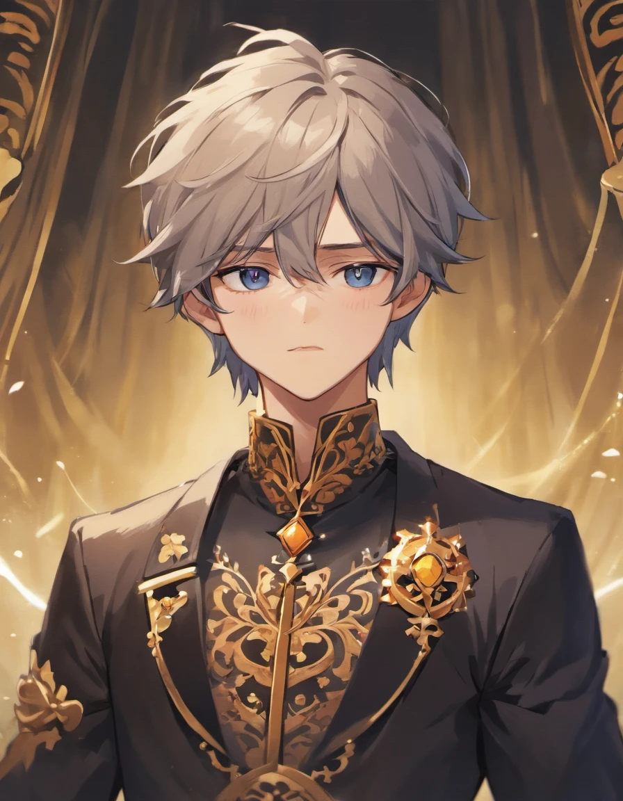 a close up of a man wearing a suit and a necklace, delicate androgynous prince, anime key visual of elegant, beautiful androgynous prince, handsome prince, taisho roman, aristocratic appearance, hajime yatate, key anime visuals, machiavellian puppetmaster, dignified aristocrat, aristocratic, inspired by Bian Shoumin, manhwa historical, handsome, dark grey hair, colour palette: black white gold, Royal cloth style, medieval Europe, European prince, Accessories attached to the clothes, an aura of nobility