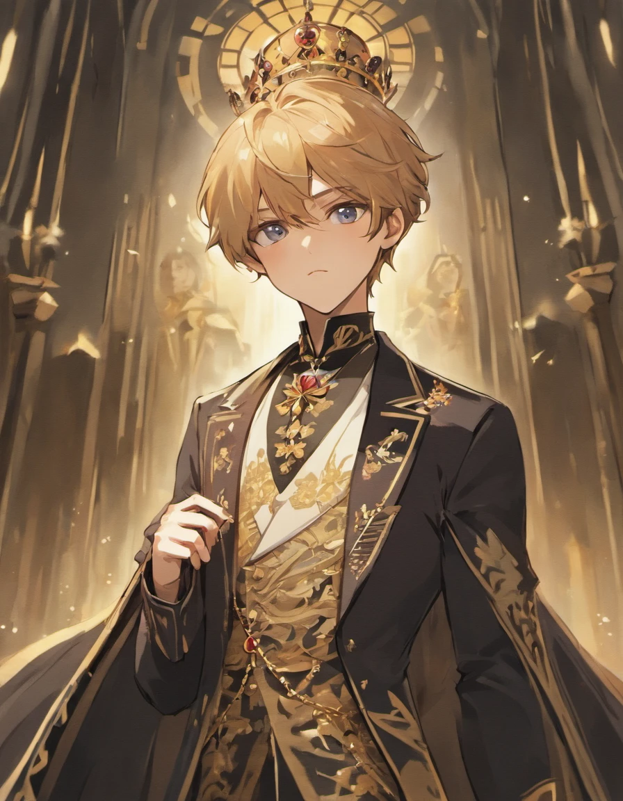 Best picture quality, fairy tale world, young 5 year old boy with golden hair and prince's costume, single red rose, holding a glass dome with a red rose in it, amazingly very large round shining eyes, desert background, image of the story of the prince of the stars,