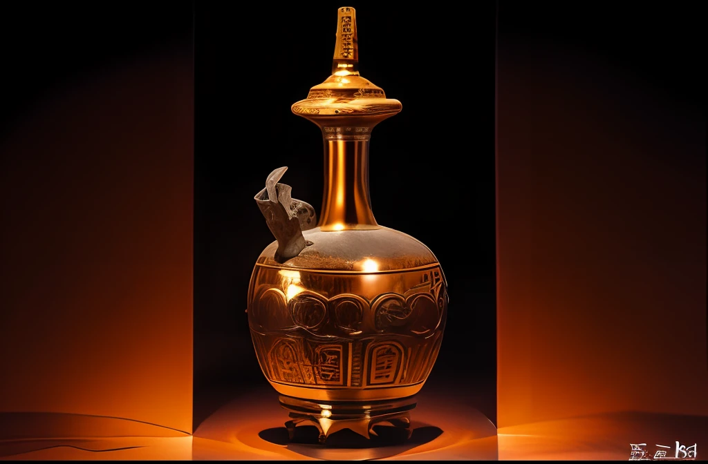 Antique artifacts，The bottle is placed under the light，Total height 28 cm，There is a lid on it，The buckle is tight，The shape of this copper bottle，It resembles a copper cleaning bottle unearthed by the shrine monk Tataki，It can be concluded that it is a relic of the Tang Dynasty，Full work, Full of patterns, No text，Forged hammer pattern，Big belly，oguchi，sedate，massiness，Shiny and warm