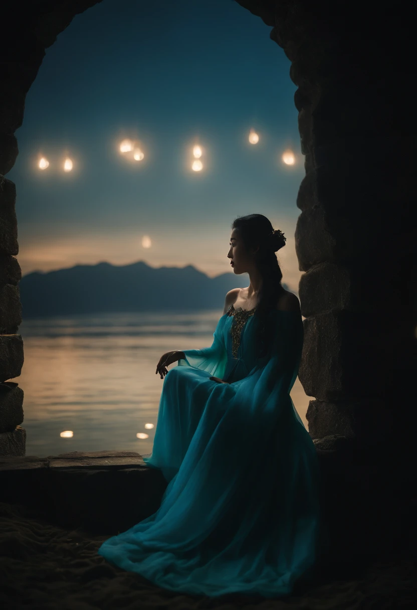 Mica screen candles have deep shadows，The long river gradually fell，The stars sank。
Chang'e should repent for stealing the elixir，Blue sea and green night heart。