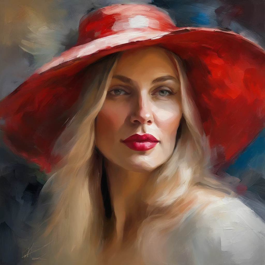 painting of a voluptuous woman with a red hat and white dress, long blond hair, eyes looking directly at us, head in center of frame, elegant digital painting, beautiful portrait acrylic painting, wlop painting style, heavy brush strokes in textured paint, gorgeous digital painting, in style of wlop, beautiful character painting, fine art portrait painting, epic background, beautiful art uhd 4 k
