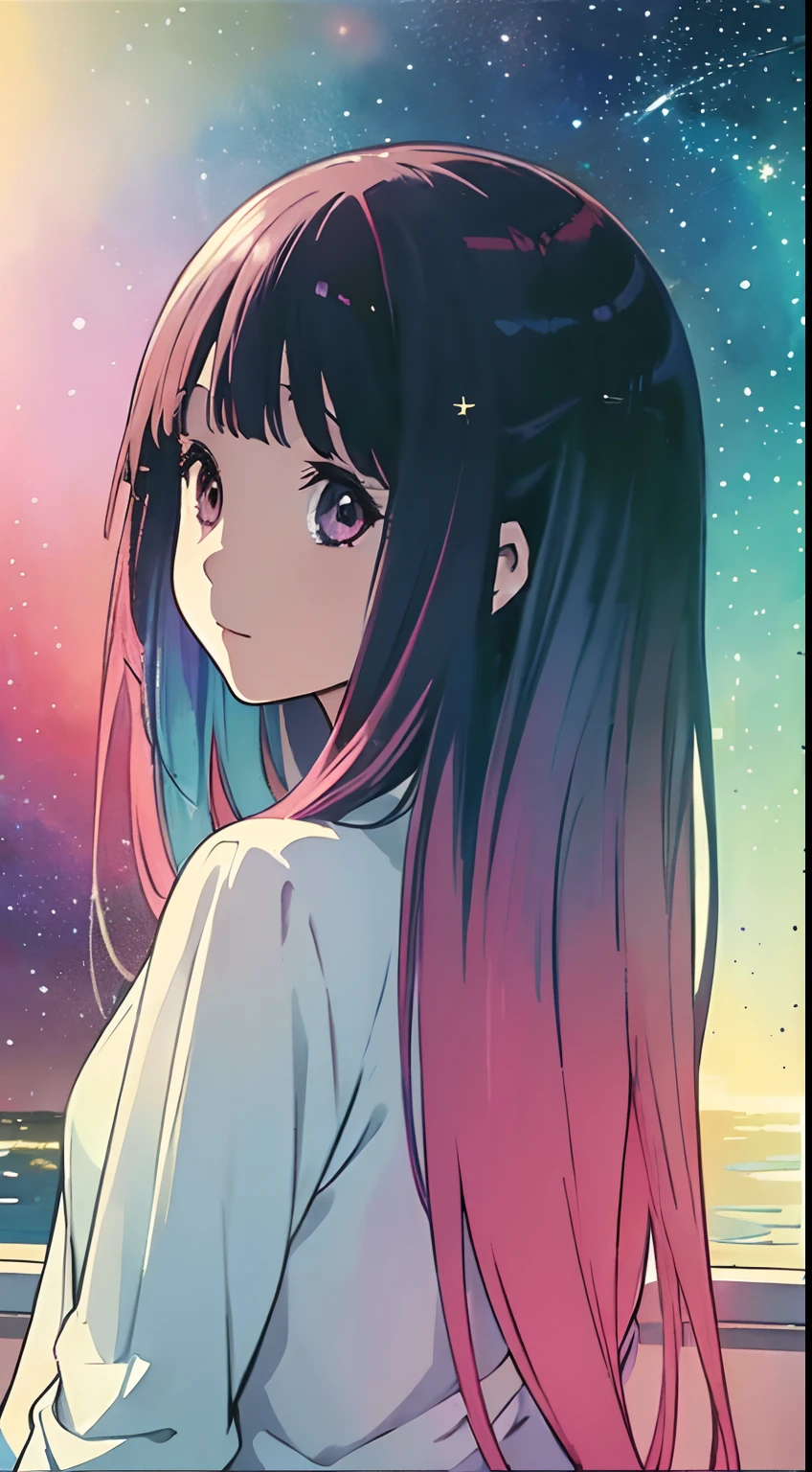 (masterpiece, top quality, best quality,watercolor (medium),official art, beautiful and aesthetic:1.2),(1girl:1.3), (fractal art:1.3),upper body, from side, looking at viewer,patterns,(rainbow color Hair,colorful hair,half blue and half pink hair:1.2),water,liquid, cloud,colorful, starry,stars,