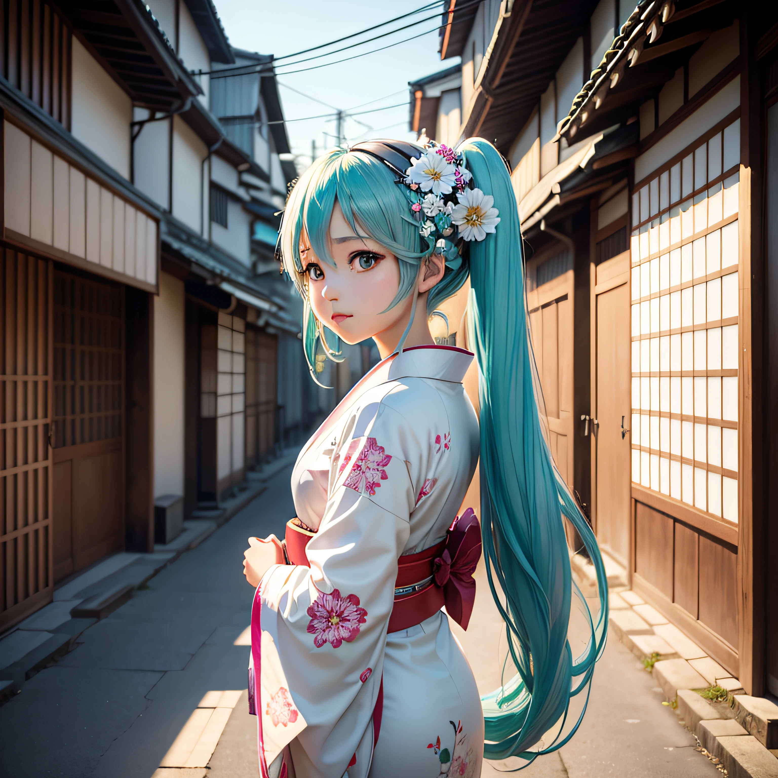 Hatsune Miku wears white flowered kimono in an old Japanese city