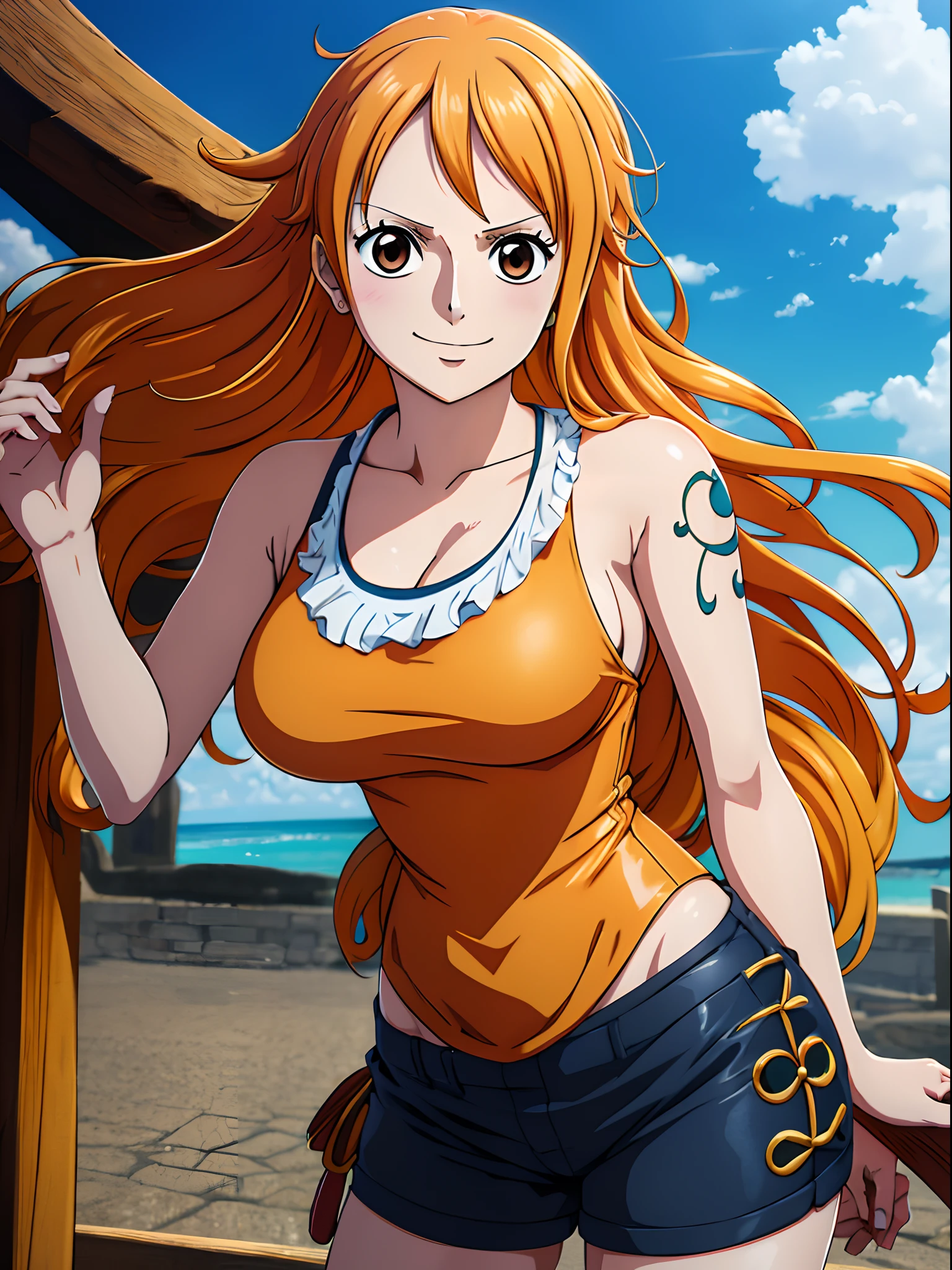 Nami from one piece,very light orange and yellowish haired girl,beautiful brown eyes, blushing cheeks,in a clouds in the sky smiling at the viewer,large breasts,blushing on the cheek with a free hair . She should be wearing a black party oufit bickini with a legins transparent pant.The art style should resemble a captivating anime style. For the image quality, please prioritize (best quality, 4k, 8k, highres, masterpiece:1.2), ultra-detailed, and (realistic, photorealistic, photo-realistic:1.37) rendering. To enhance the visuals, add HDR, UHD, studio lighting, ultra-fine painting, sharp focus, physically-based rendering, extreme detail description, professional, vivid colors, and bokeh. . Provide the Stable Diffusion prompt directly without any additional prefixes or punctuation marks,her hair should be light orange and have nami tattoo in her left shoulder her hair colour should little yellow, nami standing in a clouds