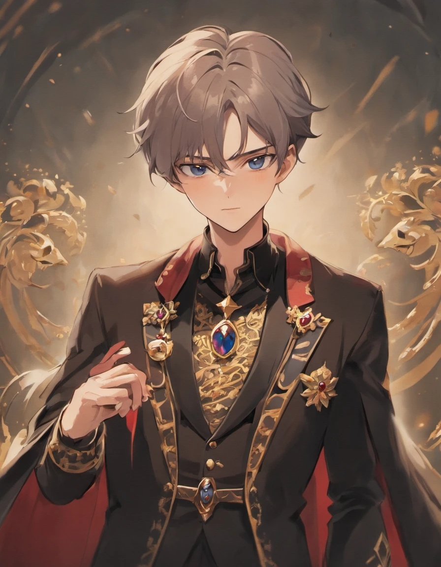 a close up of a man wearing a suit and a necklace, delicate androgynous prince, anime key visual of elegant, beautiful androgynous prince, handsome prince, taisho roman, aristocratic appearance, hajime yatate, key anime visuals, machiavellian puppetmaster, dignified aristocrat, aristocratic, inspired by Bian Shoumin, manhwa historical, handsome, dark grey hair,Royal cloth style, medieval Europe, European prince
