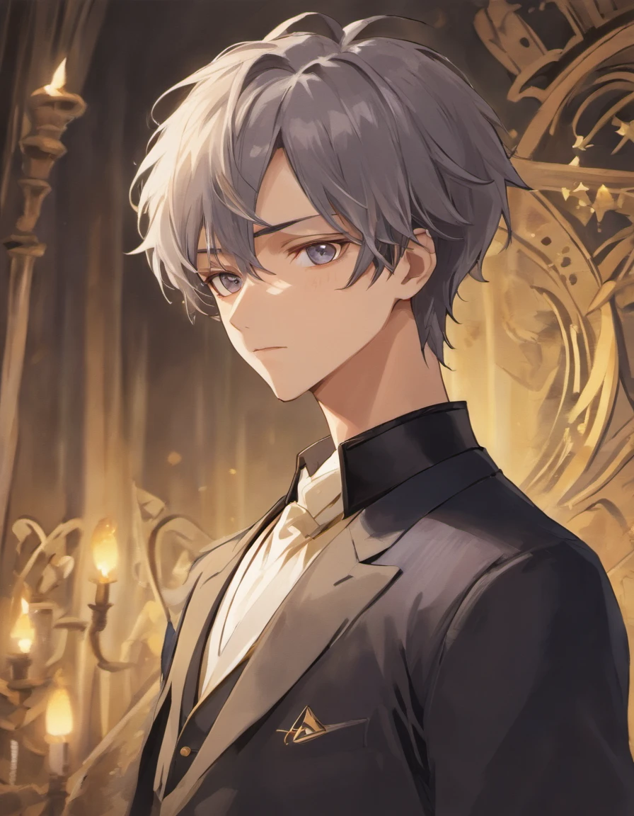 a close up of a man wearing a suit and a necklace, delicate androgynous prince, anime key visual of elegant, beautiful androgynous prince, handsome prince, taisho roman, aristocratic appearance, hajime yatate, key anime visuals, machiavellian puppetmaster, dignified aristocrat, aristocratic, inspired by Bian Shoumin, manhwa historical, handsome, dark grey hair,Royal cloth style, medieval Europe, European prince