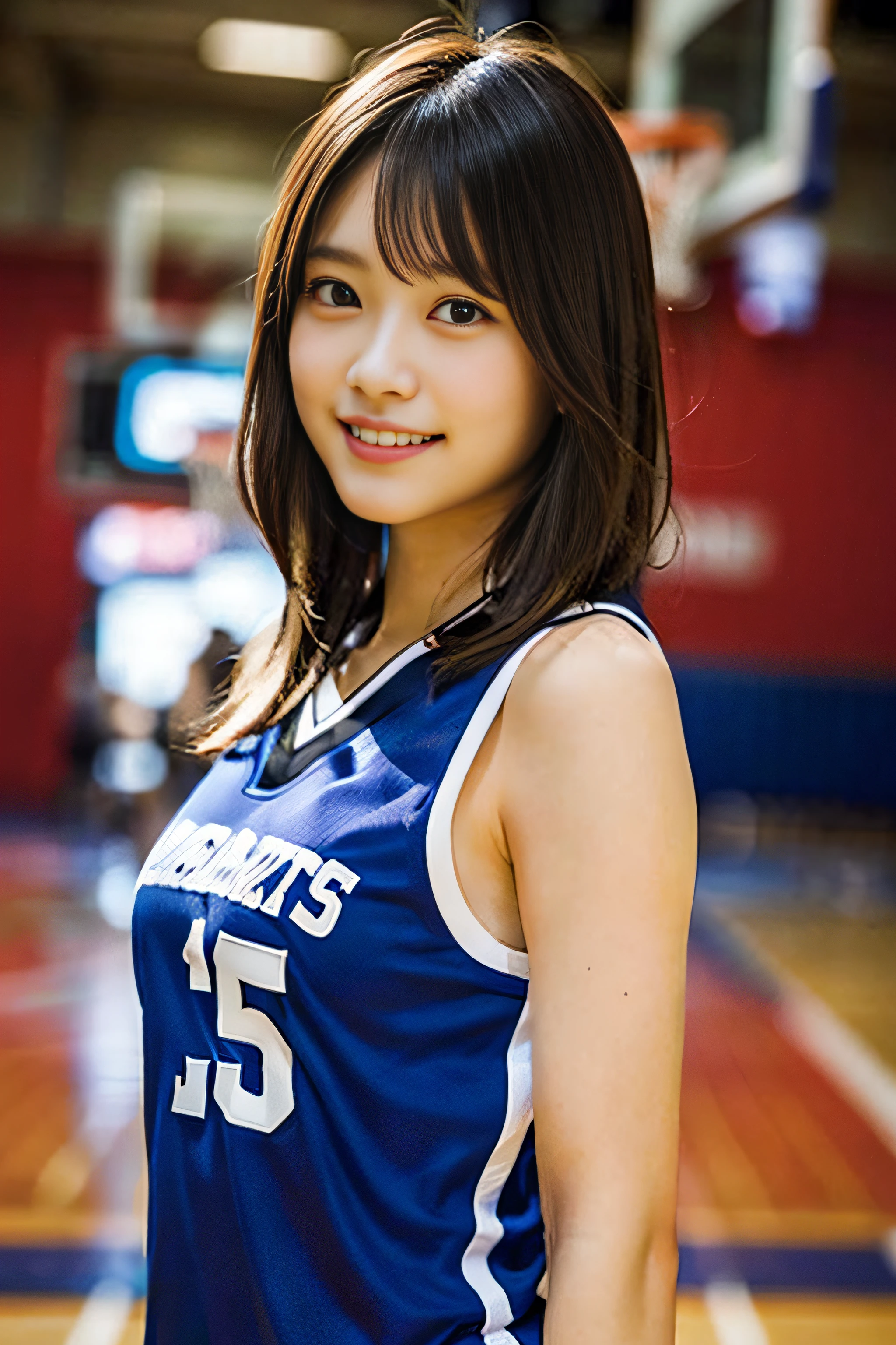 (Background during a basketball game),Asian woman in basketball uniform, wearing basketball jersey, (Photorealsitic:1.2),  (Anatomically correct), (Reflecting the whole body), (longshot),A smile,half-pants, closeup portrait shot, Refreshing young Japan woman, Cute gravure idol, full-body xianxia, nffsw, masutepiece, awardwinning, 8K, Best Quality, assist々Kiki, Kana Hashimoto, Mai Shiraishi, Nishino Nanase, Mayu Watanabe, Yuki Yoda, assist々xylophone, awardwinning, nffsw, masutepiece, Anatomically correct, At 8K,perfect-composition,Photographed by a professional photographer