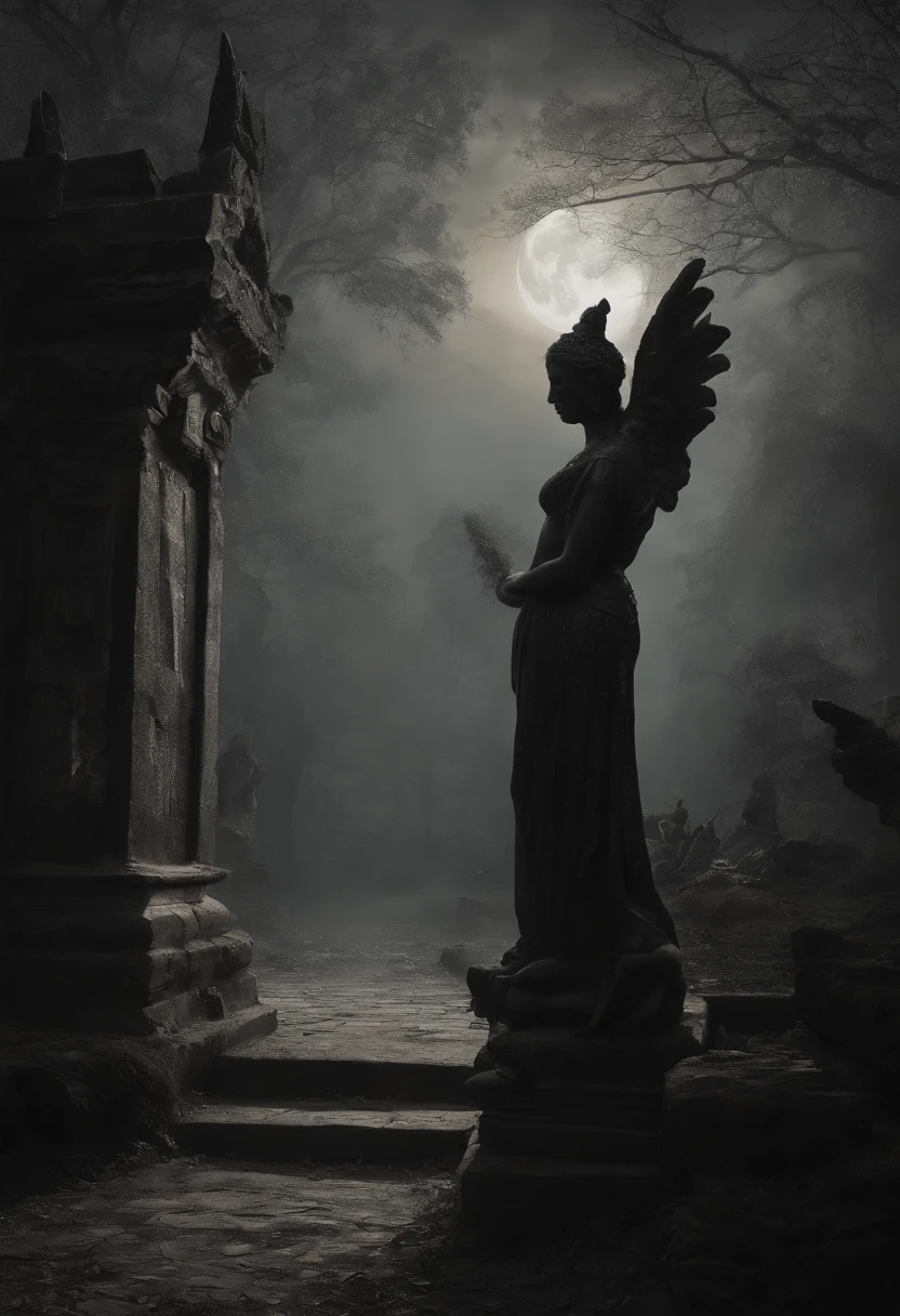 traditional art form of Kerala,artist,horror scene,night time,full moon,spooky,(best quality,4k,8k,highres,masterpiece:1.2),ultra-detailed,(realistic,photorealistic,photo-realistic:1.37),oil painting,dark shadows,ghostly figures,haunting atmosphere,charcoal sketch,detailed brushwork,mysterious elements,dramatic lighting,traditional attire,thick impasto technique,ominous sky,creepy vibes,traditional motifs,ominous trees,moody ambiance,artist in action,colorful palette,old temple silhouette,ancient folklore,mythical creatures,eerie setting,ghostly apparitions,traditional dance movements,accentuated brush strokes,ethereal beauty,haunting expressions,dark and eerie colors,spine-chilling scenery,uncanny details,majestic moonlit sky,exaggerated features,nightmarish composition,emotive emotions,terrifying visage,ancient rituals,dreadful aura,traditional music symphony,dense and ominous shadows,traditional sculpting techniques,terrifying spectacles,mystical shadows,traditional architecture,unsettling presence,macabre scenes