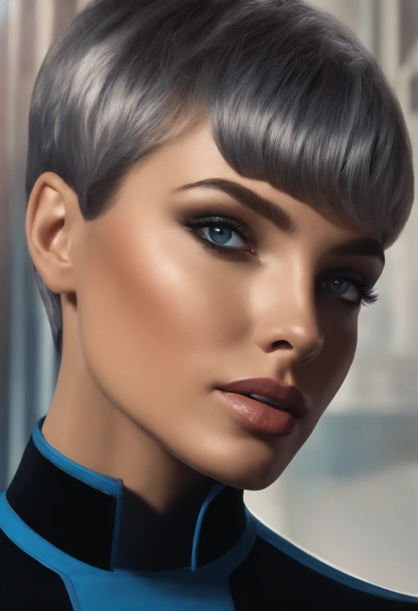a close up of a person in a suit with a short haircut wearing a blue shirt and a black turtle neck t - shirt, Eve Ryder, star trek, a character portrait, dau-al-set, detailed, award winning, ultra realistic