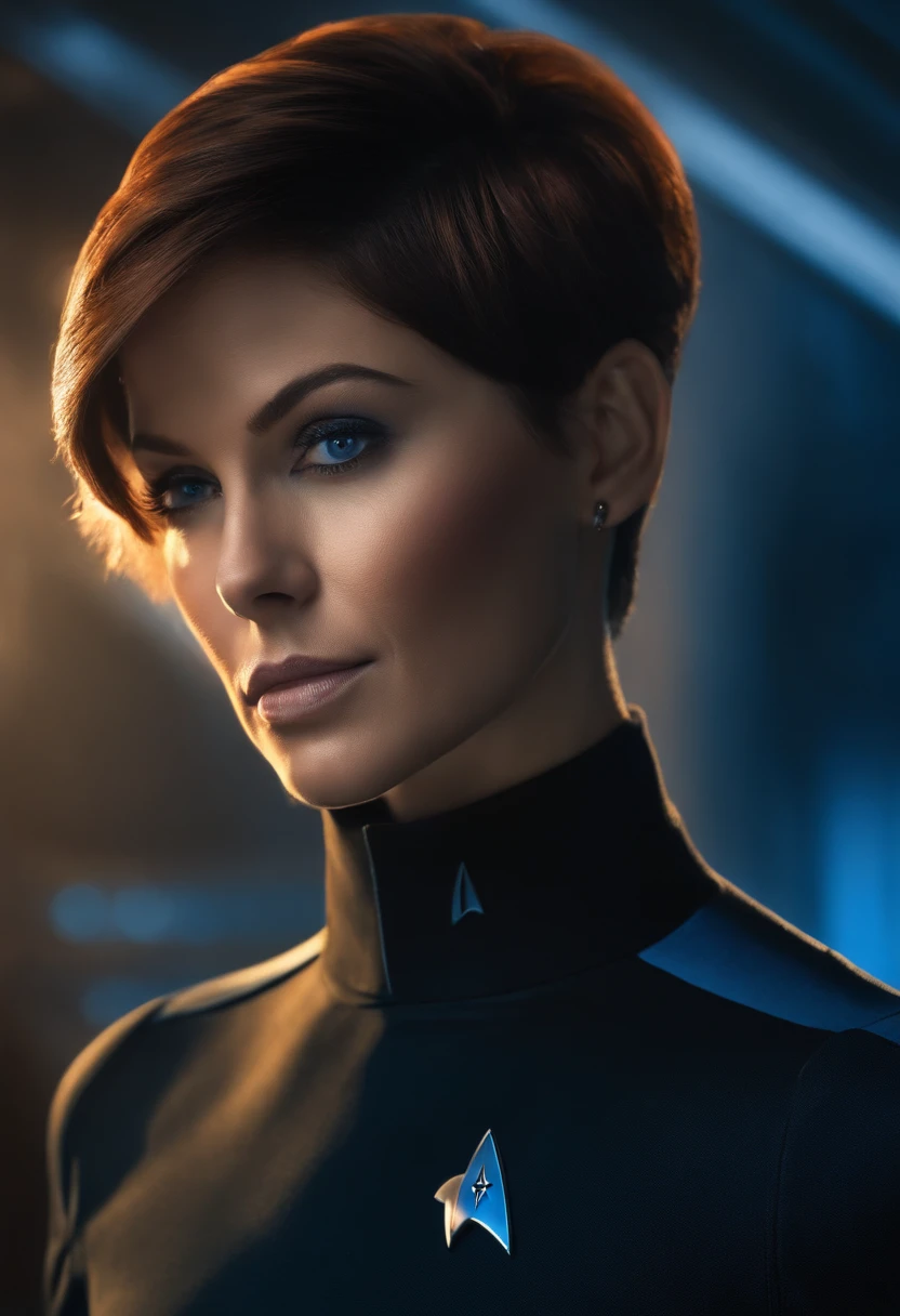 a close up of a person in a suit with a short haircut wearing a blue shirt and a black turtle neck t - shirt, Eve Ryder, star trek, a character portrait, dau-al-set, detailed, award winning, ultra realistic