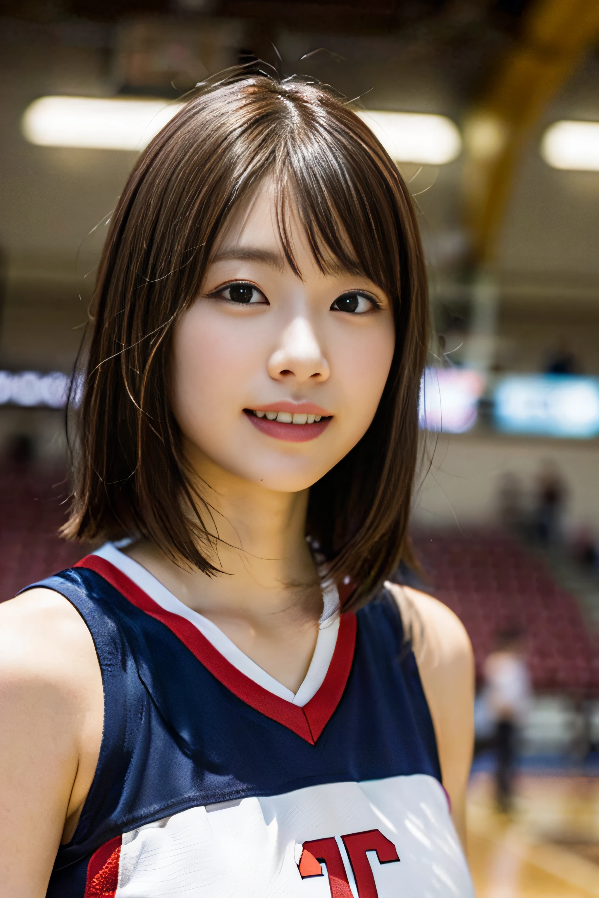 (8K、Raw photography、top-quality、​masterpiece:1.2)、(realisitic、Photorealsitic:1.37)、ultra-detailliert、超A high resolution、女の子1人、see the beholder、beautifull detailed face、A smile、Constriction、(Slim waist) :1.3)、Beautiful detailed skin、Skin Texture、Floating hair、Professional Lighting、Whole human body、Longhaire、a blond、Basketball Uniforms、Tank tops、hi-school girl、Basketball Match Venues、E Cup Breast、Bob Hair、Happy smile、15yo student