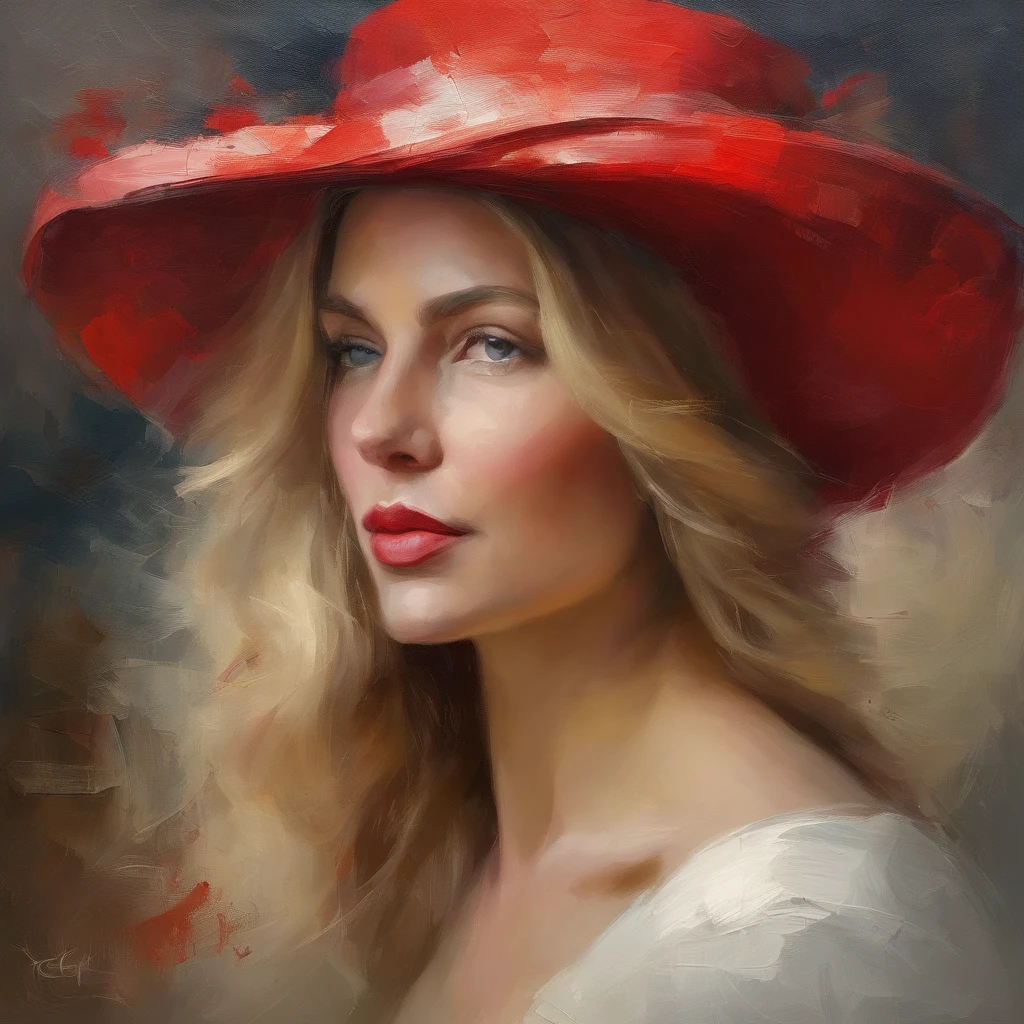 painting of a woman with a red hat and white dress, long blond hair, eyes looking directly at us, head in center of frame, elegant digital painting, beautiful portrait acrylic painting, wlop painting style, heavy brush strokes in textured paint, gorgeous digital painting, in style of Junyi Liu, beautiful character painting, fine art portrait painting, epic background, beautiful art uhd 4 k
