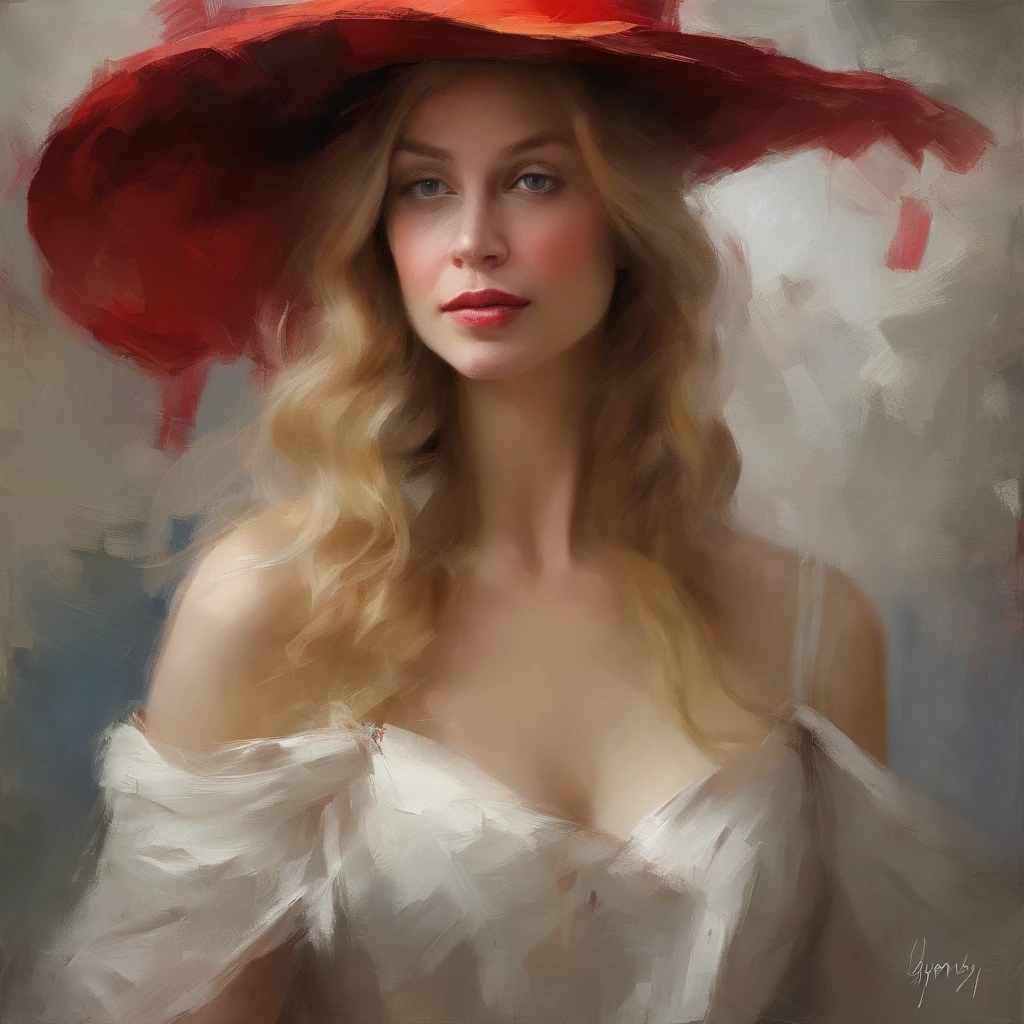 painting of a woman with a red hat and white strapless dress, long blond hair, eyes looking directly at us, head in center of frame, elegant digital painting, beautiful portrait acrylic painting, wlop painting style, heavy brush strokes in textured paint, gorgeous digital painting, in wlop style, beautiful character painting, fine art portrait painting, dark epic background, dark mystical background, woman head in center of frame, beautiful art uhd 4 k