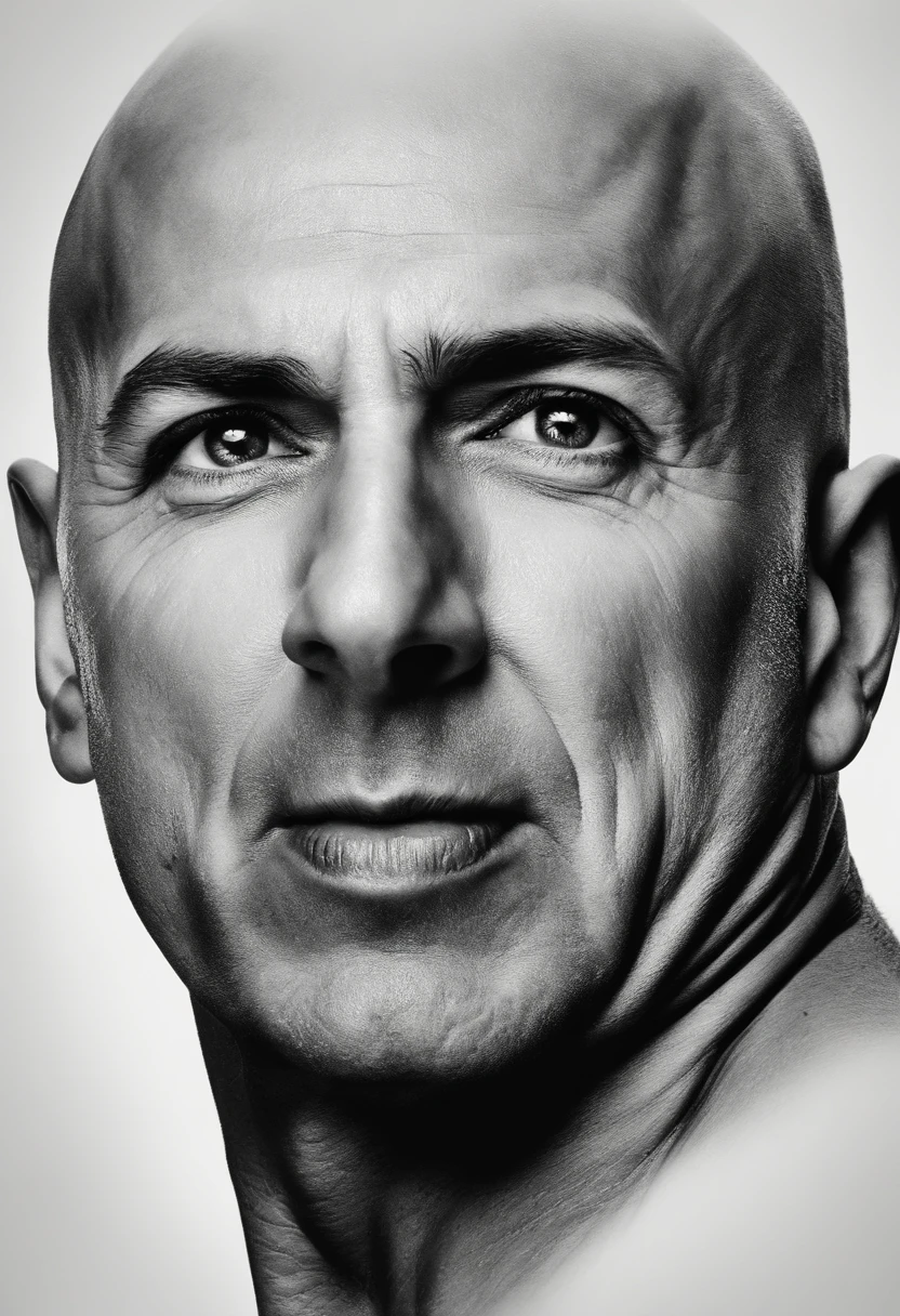 heart mark,The face of a man growing from the heart,Screaming,black-and-white,realisitic,Fusion of heart and face,Shaved head,Speaking out