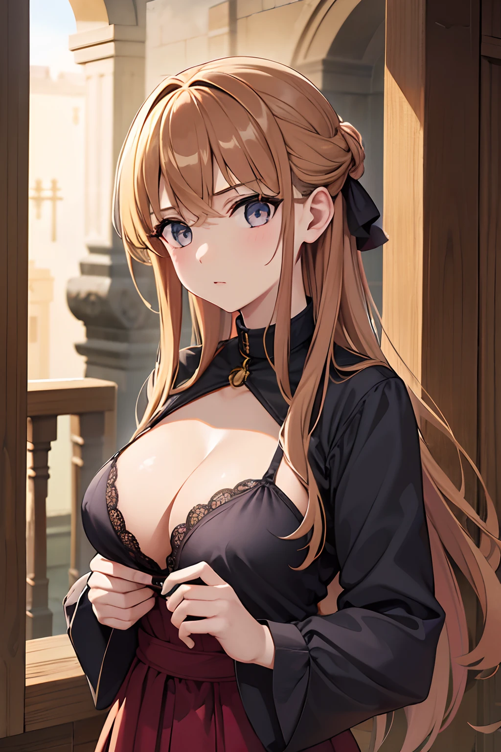 Obra maestra, perfectamente detallada, 1girl, pechos muy grandes, mirada traviesa, cuerpo completo, sadistic exprecion, ropa medieval, realeza, cuerpo comleto, 25 years old, vista de frente, golden brown hair@n4d1e