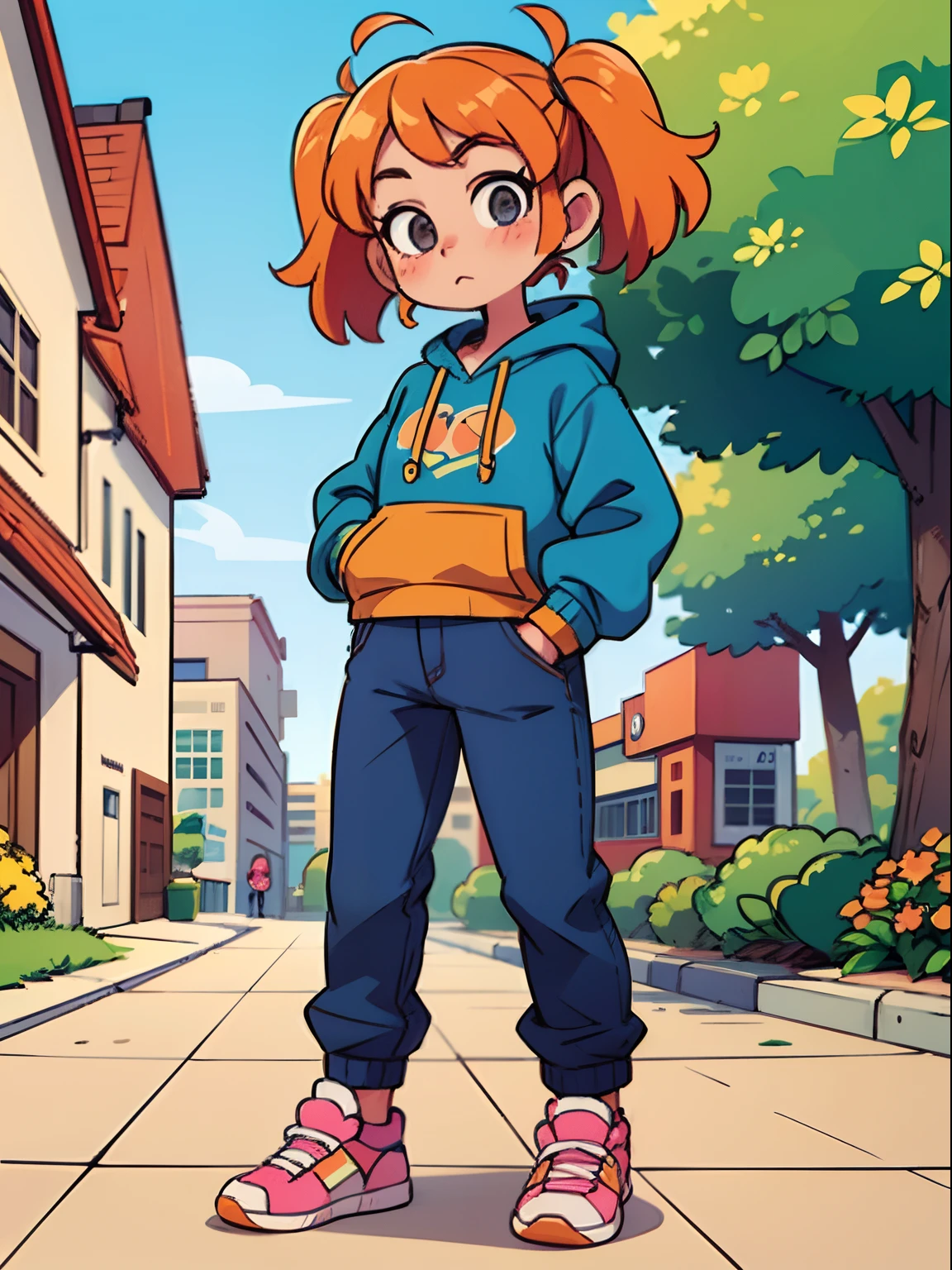 ((best quality, masterpiece)), 1girl, yellow-orange hair, casual blue sweater, blue pants, pink sneakers, hands in pocket, miami street marketplace, solo, cute face, looking at viewer, blush, pigtails, twin tails, 10 years old