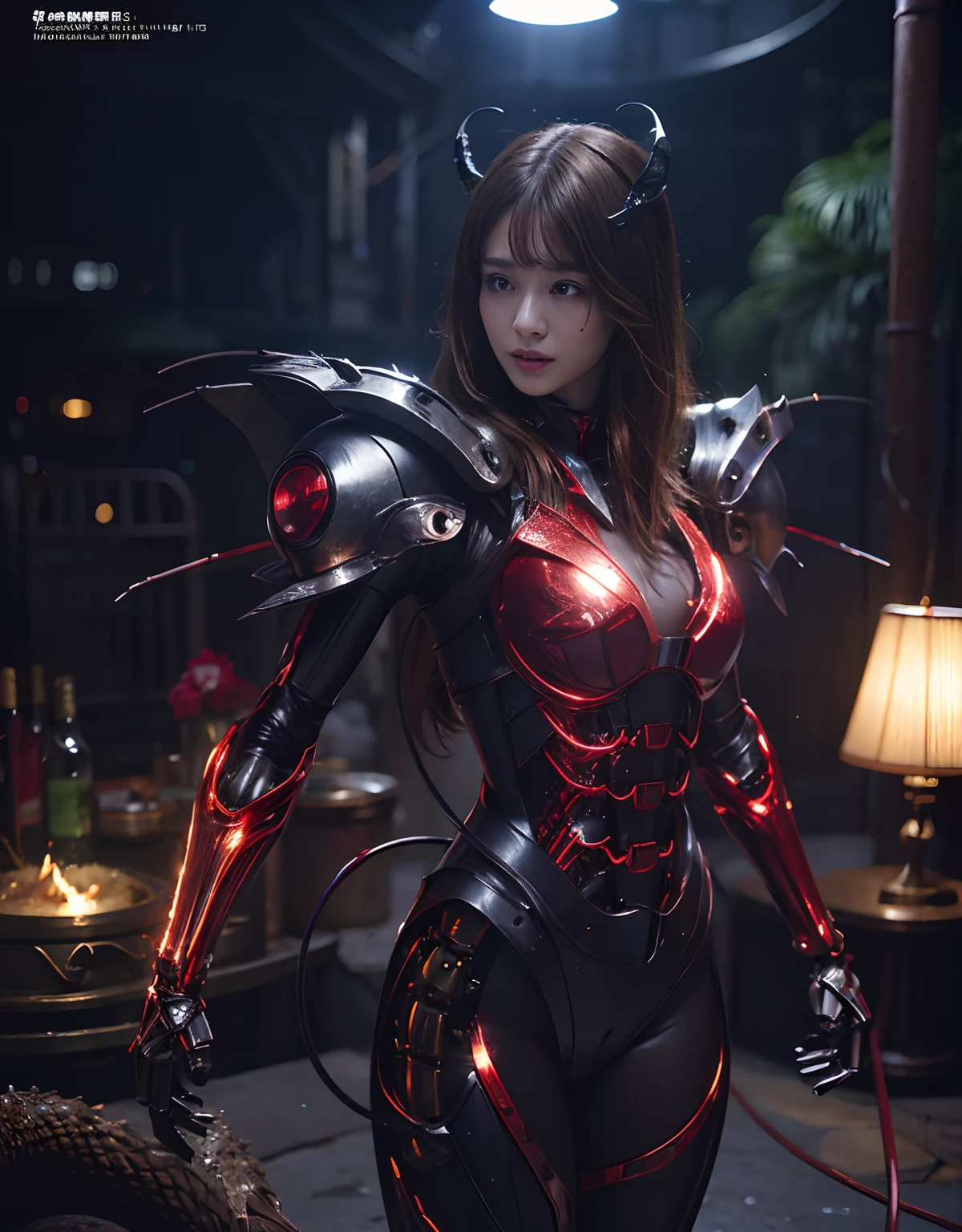 (1 Mechanical Girl)、top-quality、masterpiece、超A high resolution、(Photorealsitic:1.4)、Raw photo、女の子1人、Golden hair、glowy skin、(((1 Mechanical Girl)))、With a beautiful knife、(Blue Metal Bodysuit)、(beautiful forest background)、(Fighting Demonic Beasts)、(Small LED)、((super realistic details))、portlate、(Strong giant demon beast background),globalillumination、Shadow、octan render、8K、ultrasharp、Colossal 、Raw skin is exposed in cleavage、metals、Details of complex ornaments、Japan details、highly intricate detail、Realistic light、(Mystical expression),CGSoation Trends、Red Eyes、radiant eyes、Facing the camera、neon detailechanical limbs)、(blood vessels connected to tubeechanical vertebrae attached to the back、mechanical cervical attaching to neck、(Wires and cables connecting to the head)、Gundam、Small LED、,Mechanical thighs、Toostock、(Hands are also made of machines)、(Attack of the Monster Beasts)、(Wounded in a deadly battle)、