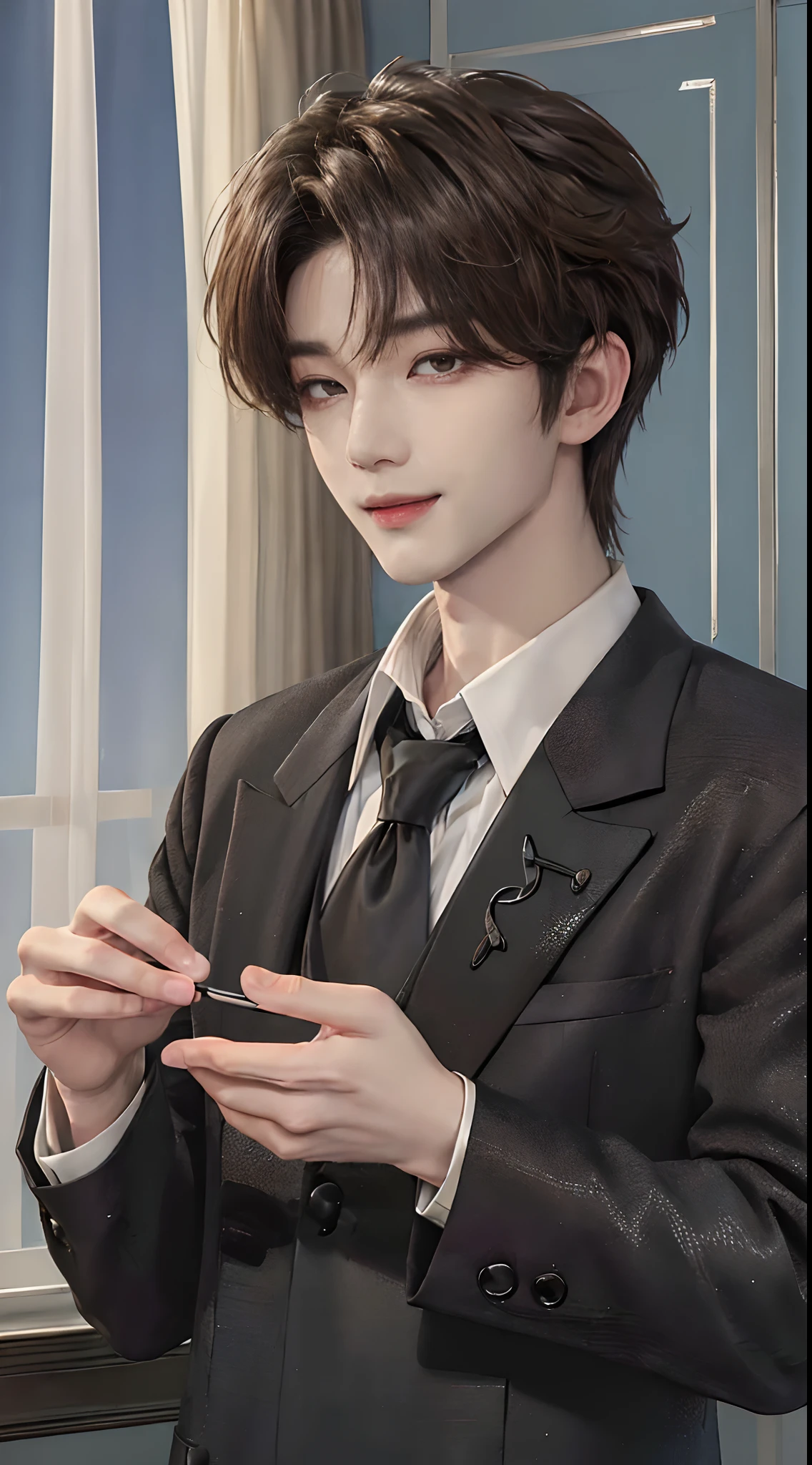 ((4K works))、​masterpiece、（top-quality)、((high-level image quality))、((One Manly Boy))、Slim body、((Man in black tuxedo))、(Detailed beautiful eyes)、window、deacon、Face similar to Chaewon in Ruseraphim、((short hair above the ears))、((Smaller face))、((Neutral face))、((Light brown eyes))、((Korean boy))、((18year old))、((Handsome man))、((Smiling expression))、((Korean Makeup))、((elongated and sharp eyes))、((Butler Photos))、Professional Photos、((Shot alone))、((Upper body photography))、((Butler Pose))