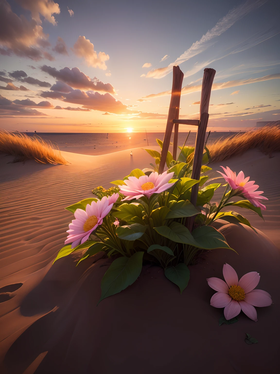 Change this flower background to a dune, sunset, professional realistic beatifull photography.