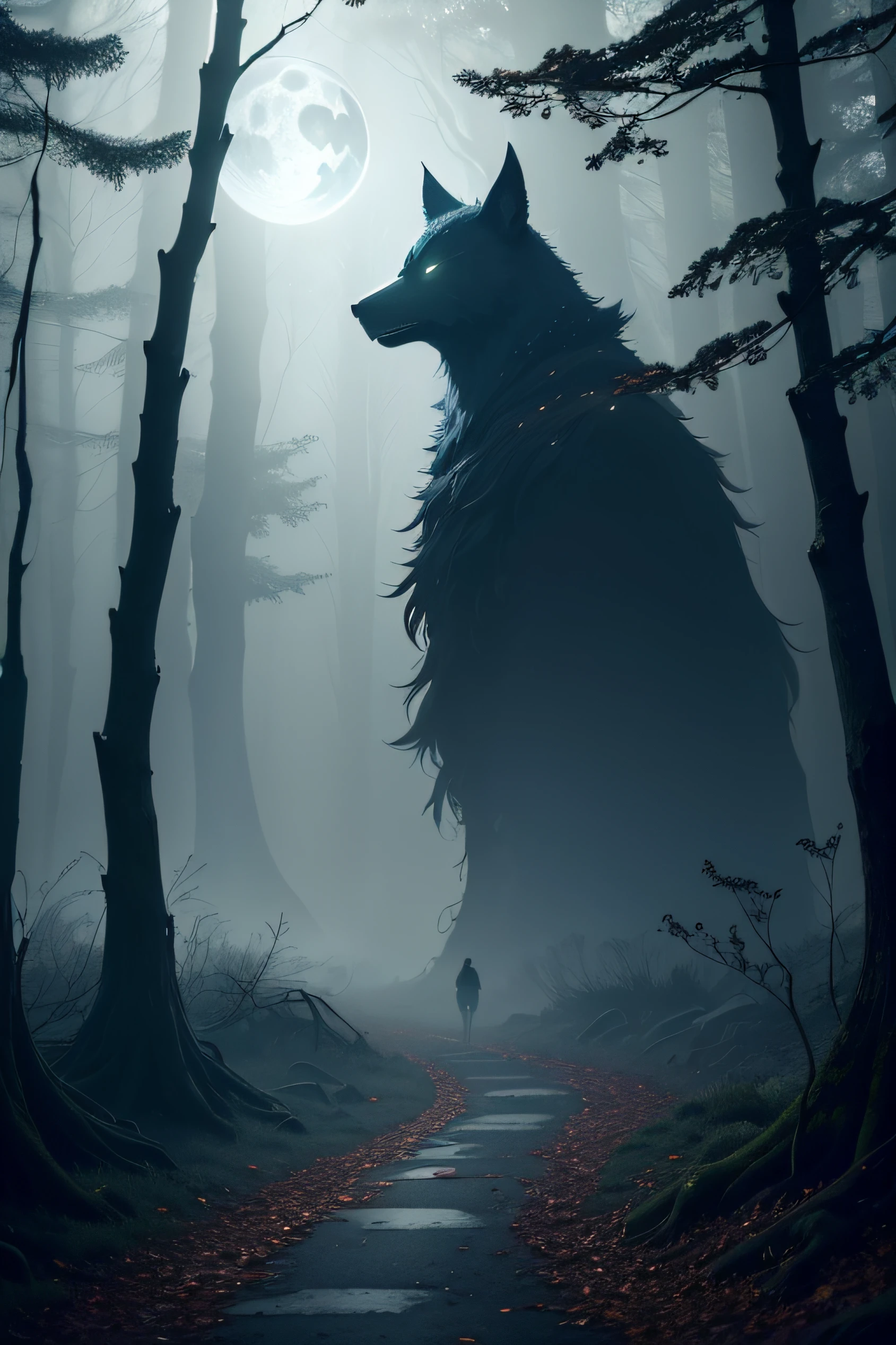 a man in a dark and eerie forest, under the full moon, (best quality, 4k, highres, masterpiece:1.2), surrounded by tall, ancient trees, misty atmosphere, moonlight filtering through the branches, mysterious shadows, ominous ambiance, hauntingly beautiful, subtle light and shadow play, moonlit path, dense foliage, (eerie:1.1, mystical) atmosphere, hidden creatures lurking in the shadows, a sense of eerie solitude, a touch of mystery, enchanting tranquility, surreal elements, (ethereal) glow, a slight breeze rustling leaves, the sound of distant howling, (spooky) ambiance, a hazy moonlit clearing, whispering branches, (brooding) nature, a hint of danger, captivating scenery