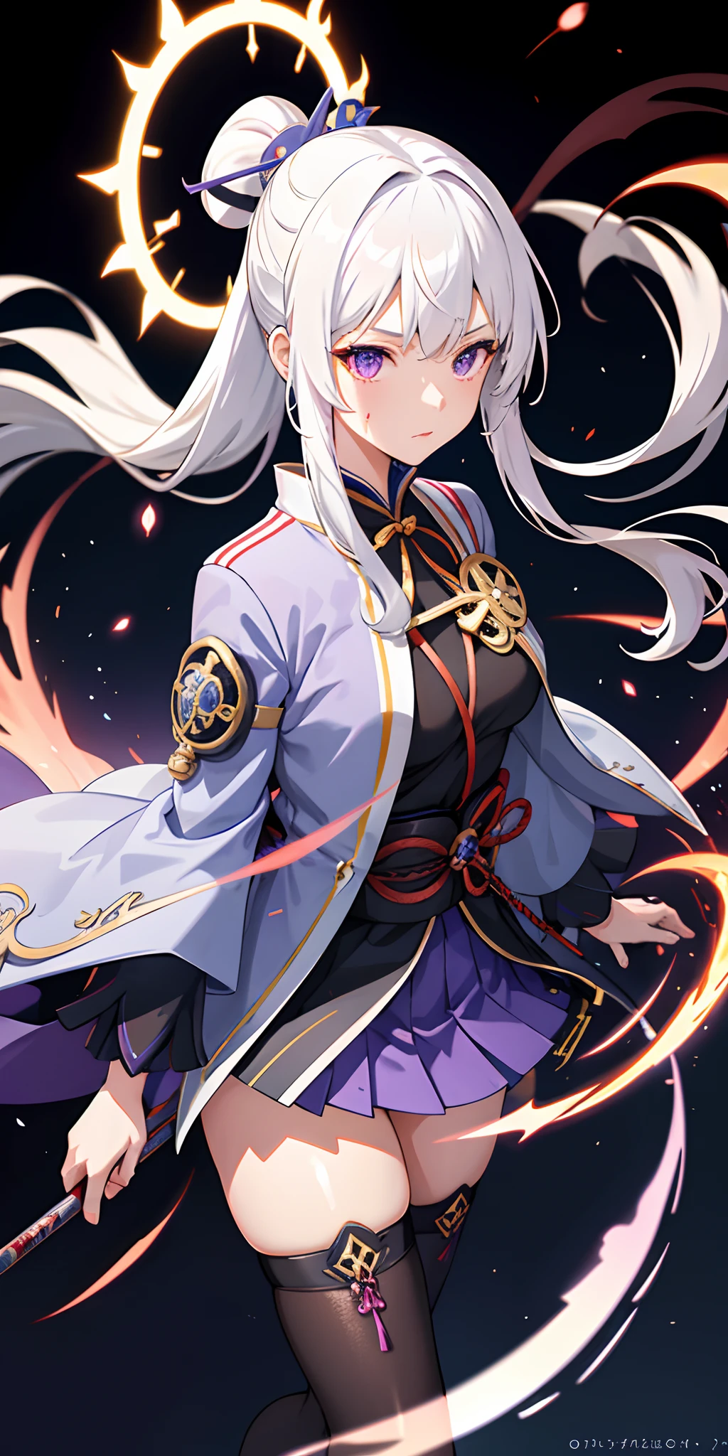 1girl, japanese clothes, ponytail ,white hair, purple eyes, magic circle, blue fire, blue flames, wallpaper, landscape, blood, blood splatter, depth of field, night, light particles, light rays, sidelighting, thighs, fate \(series\), genshin impact, ****, open jacket, skirt, thighhighs, cloud