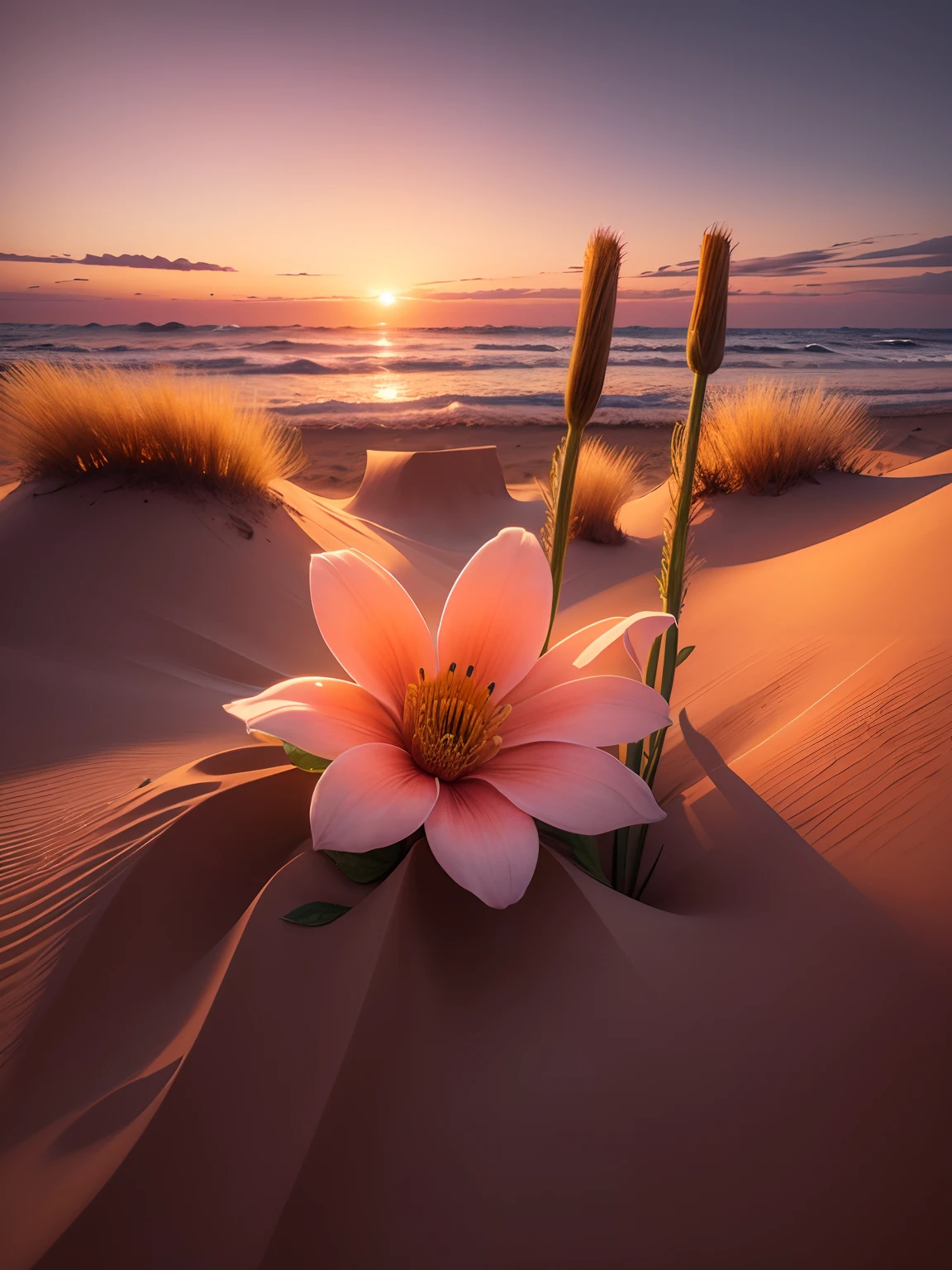Change this flower background to a dune, sunset, professional realistic beatifull photography.