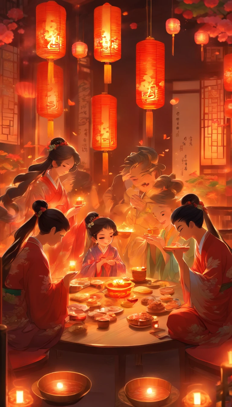A family eats mooncakes,There are mooncakes on the table, Food in hand, tea drinking and paper lanterns, Bright moon,Chinese style painting, exciting illustration