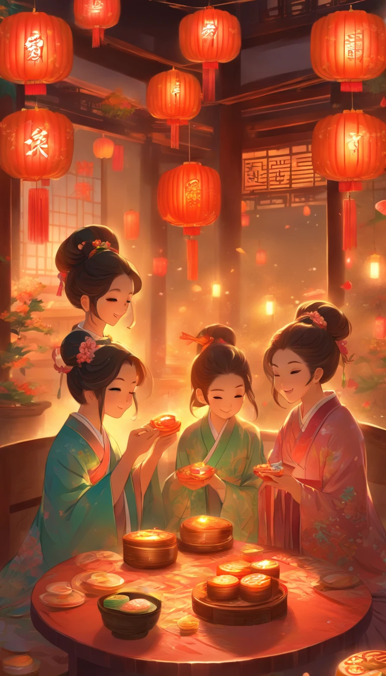 A family eats mooncakes,There are mooncakes on the table, Food in hand, tea drinking and paper lanterns, Bright moon,Chinese style painting, exciting illustration