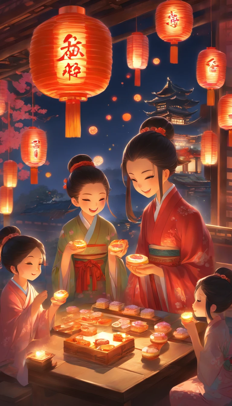 A family eats mooncakes,There are mooncakes on the table, Food in hand, tea drinking and paper lanterns, Bright moon,Chinese style painting, exciting illustration