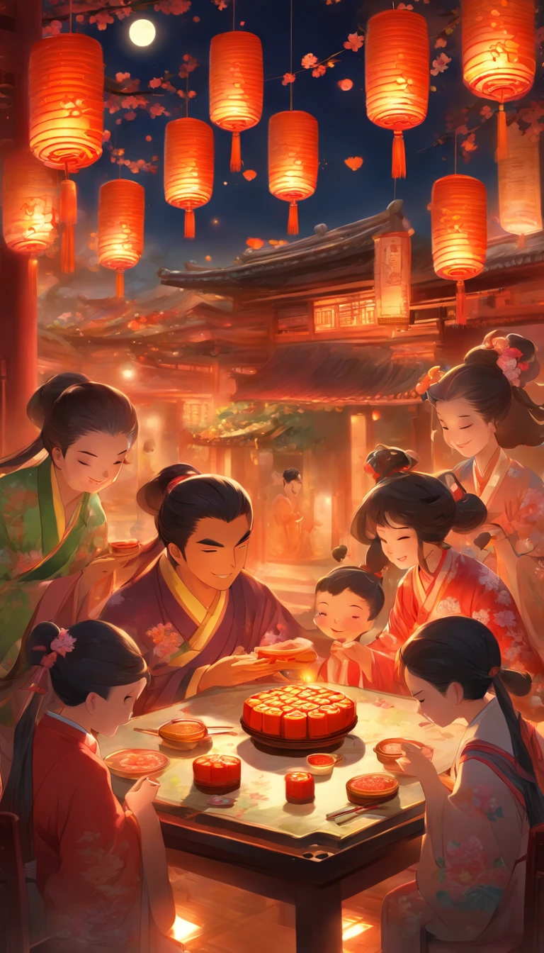 A family eats mooncakes,There are mooncakes on the table, Food in hand, tea drinking and paper lanterns, Bright moon,Chinese style painting, exciting illustration