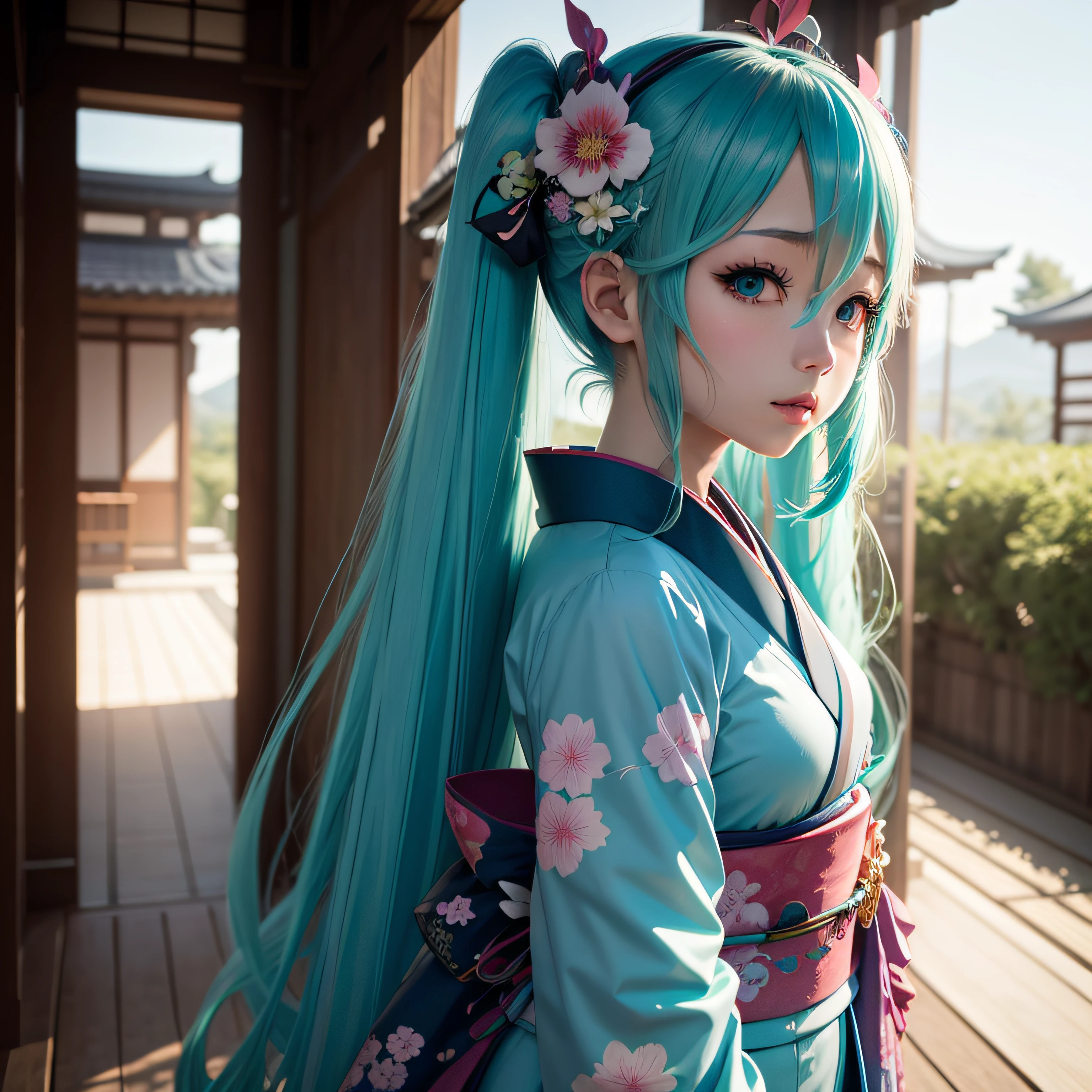 Hatsune Miku wears a blue, verzierten Kimono an einem japanischen See